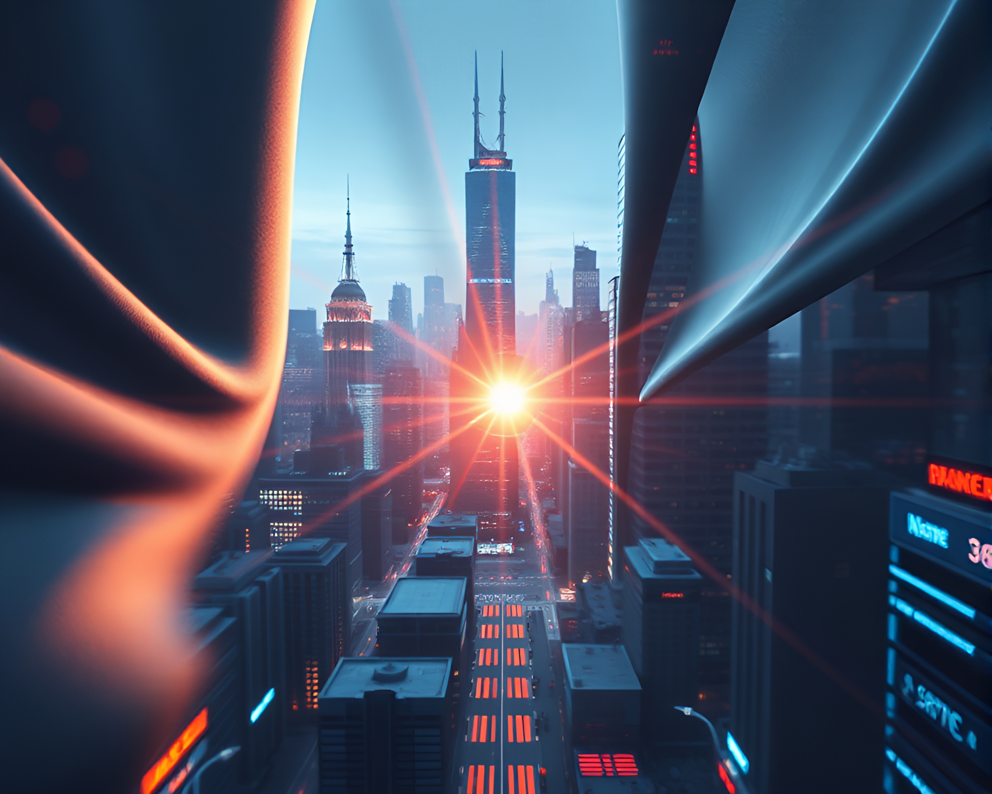Futuristic Cityscape: Fabric Folds and Lens Flare Bursts – free AI stock image