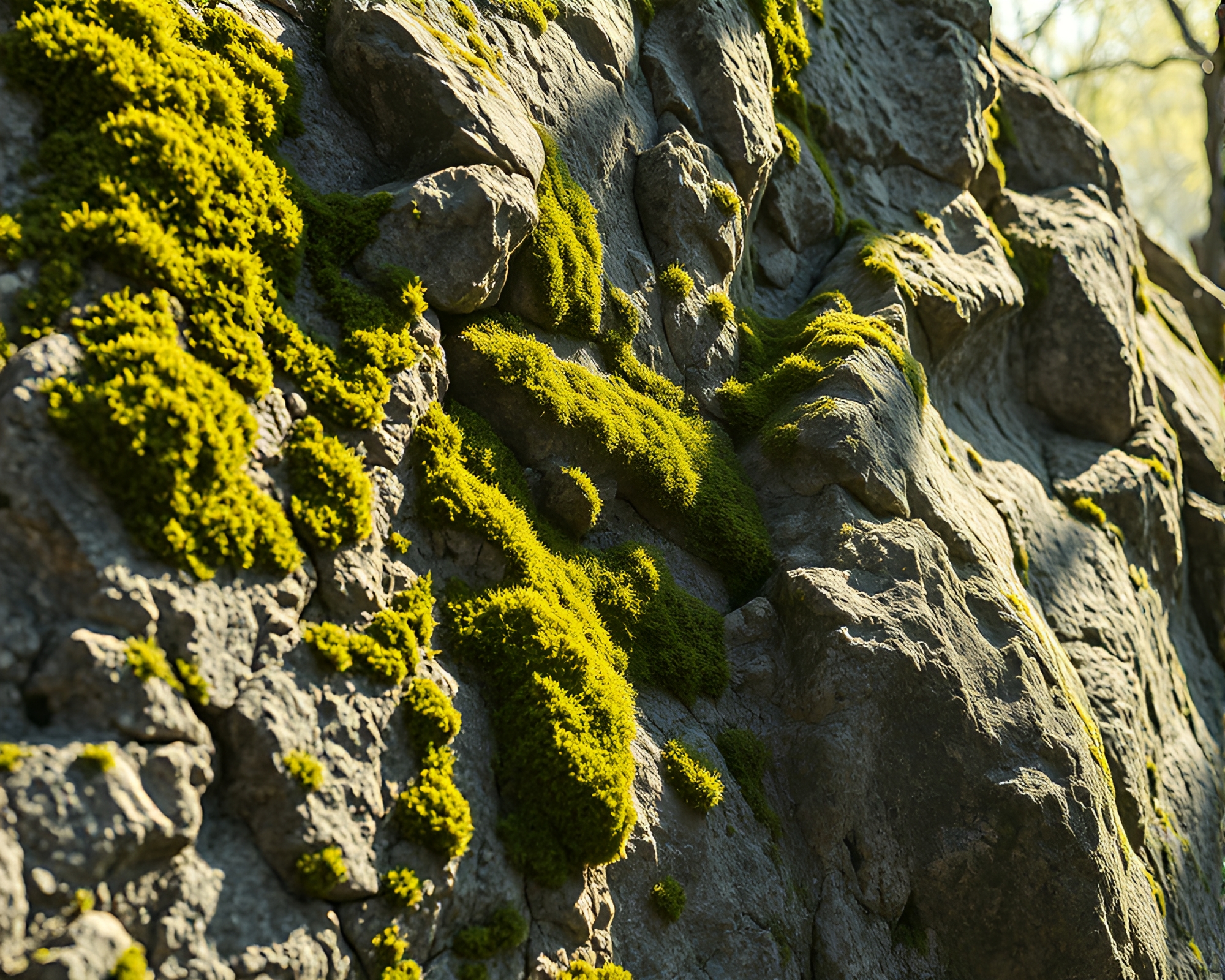 Moss-Covered Rock in Midday Bright Light Woodblock Print – free AI stock image
