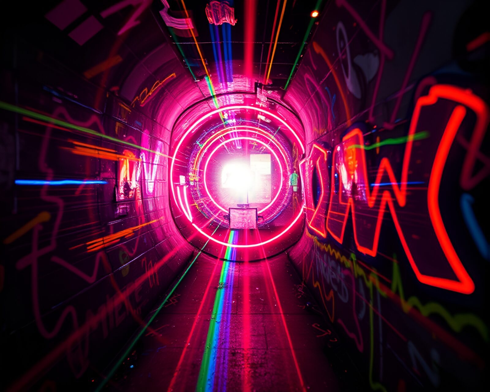 Gritty urban graffiti with neon rainbow time warp effect