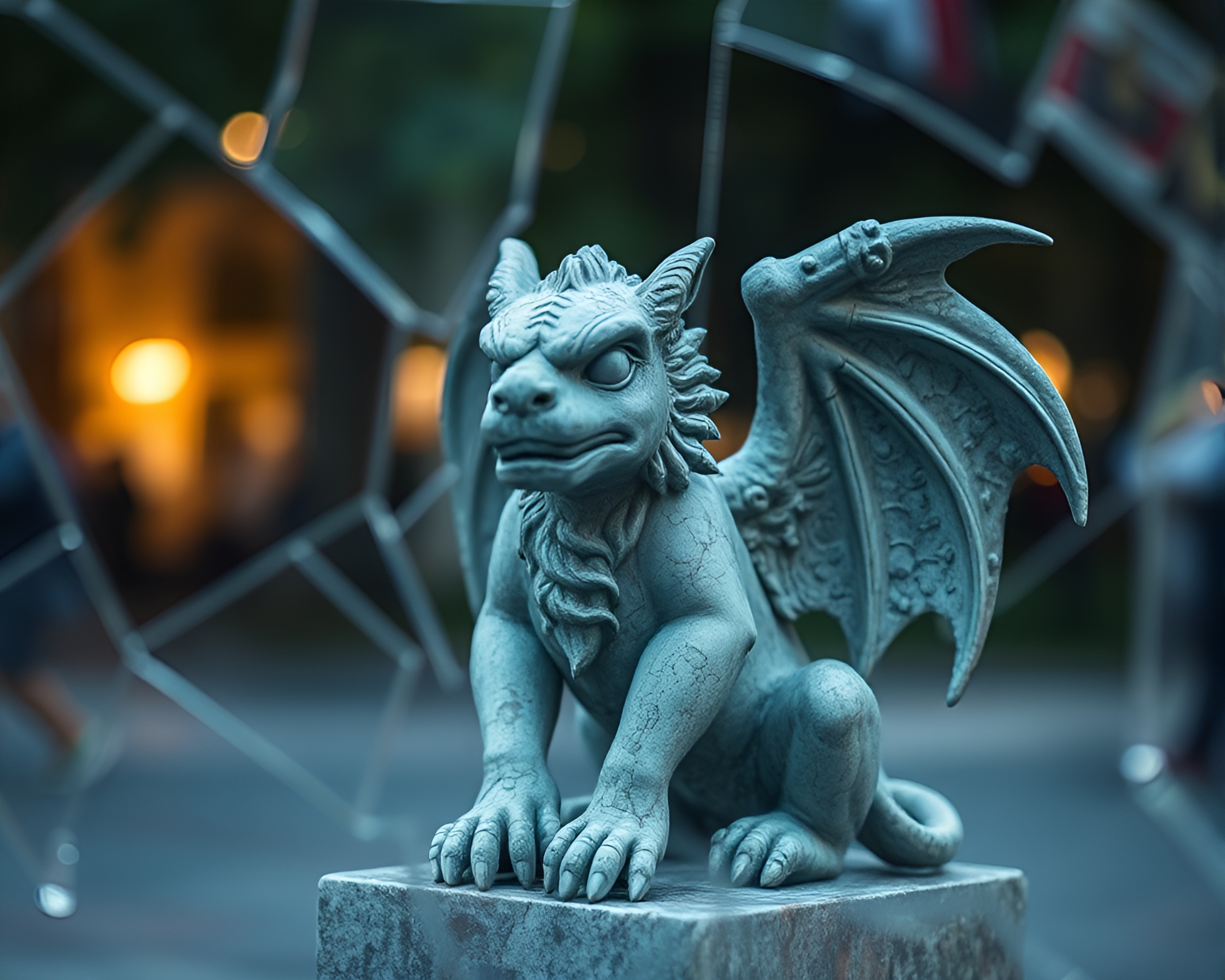 Gargoyle Statue Reflection in Broken Glass, Overexposed Light – free AI stock image