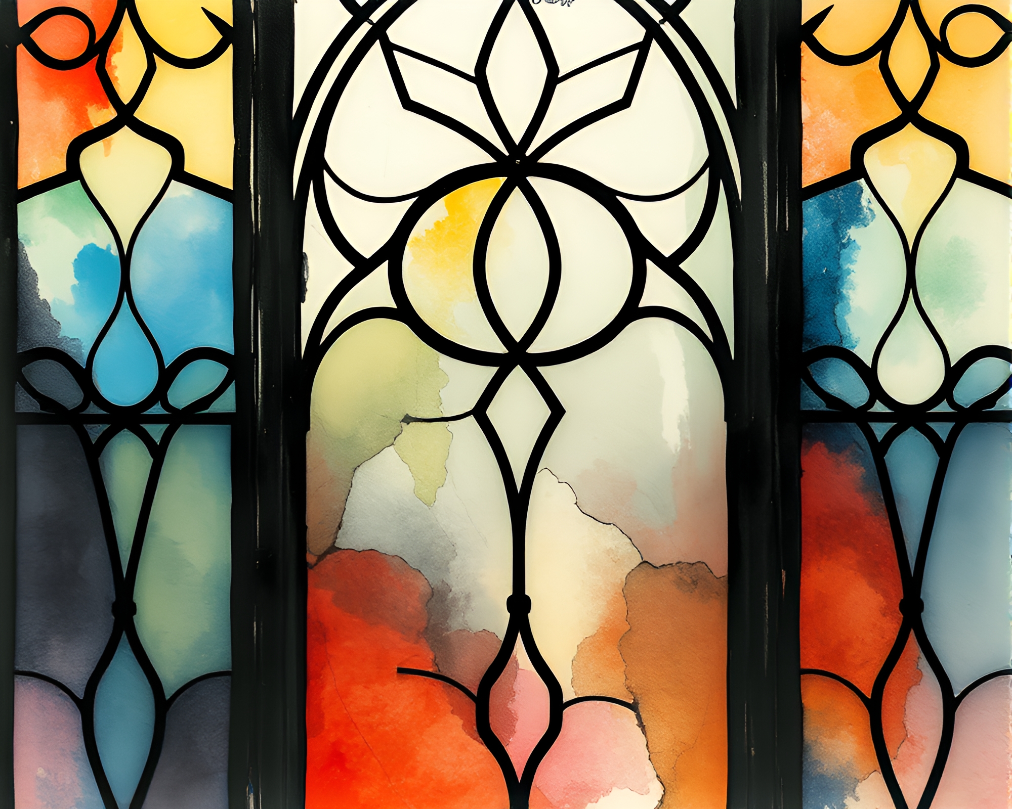 Ethereal Stained-Glass Window with Sumi-e Brushwork – free AI stock image