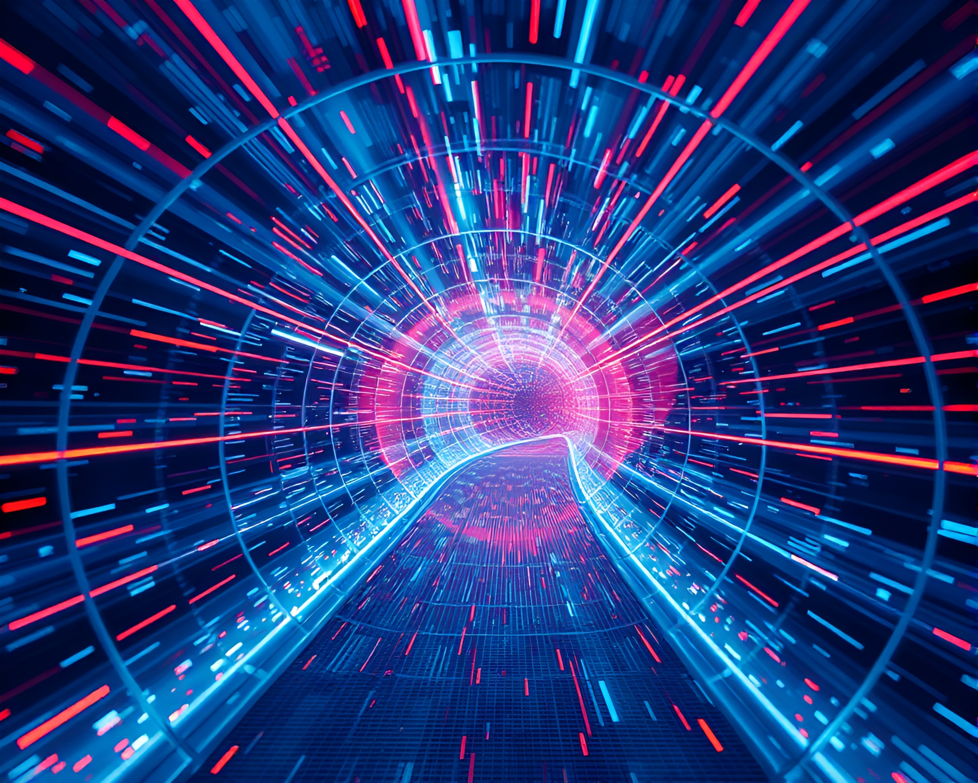 Futuristic Glass Tunnel with Pixelated Light Scan Lines – free AI stock image