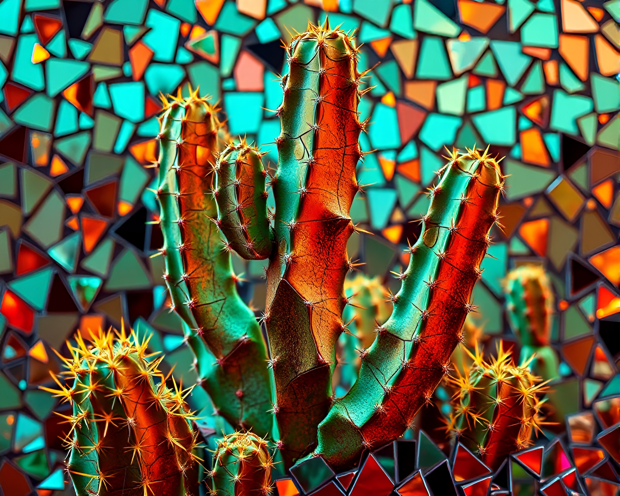 Neon Cactus in Retro Futuristic Broken Mosaic – free AI stock image
