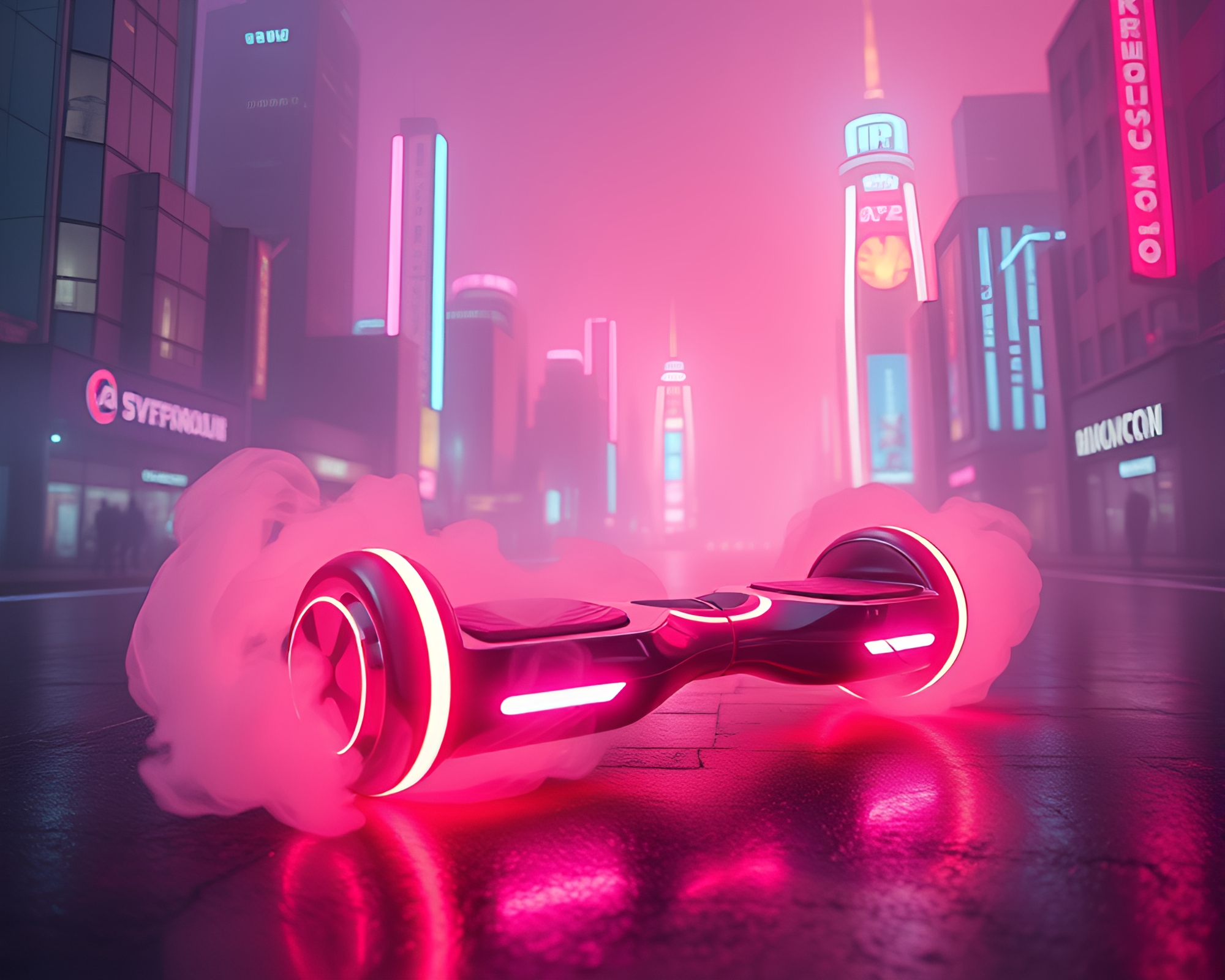 Neon City Hoverboarder Encircled by Skeuomorphic Smoke Rings – free AI stock image