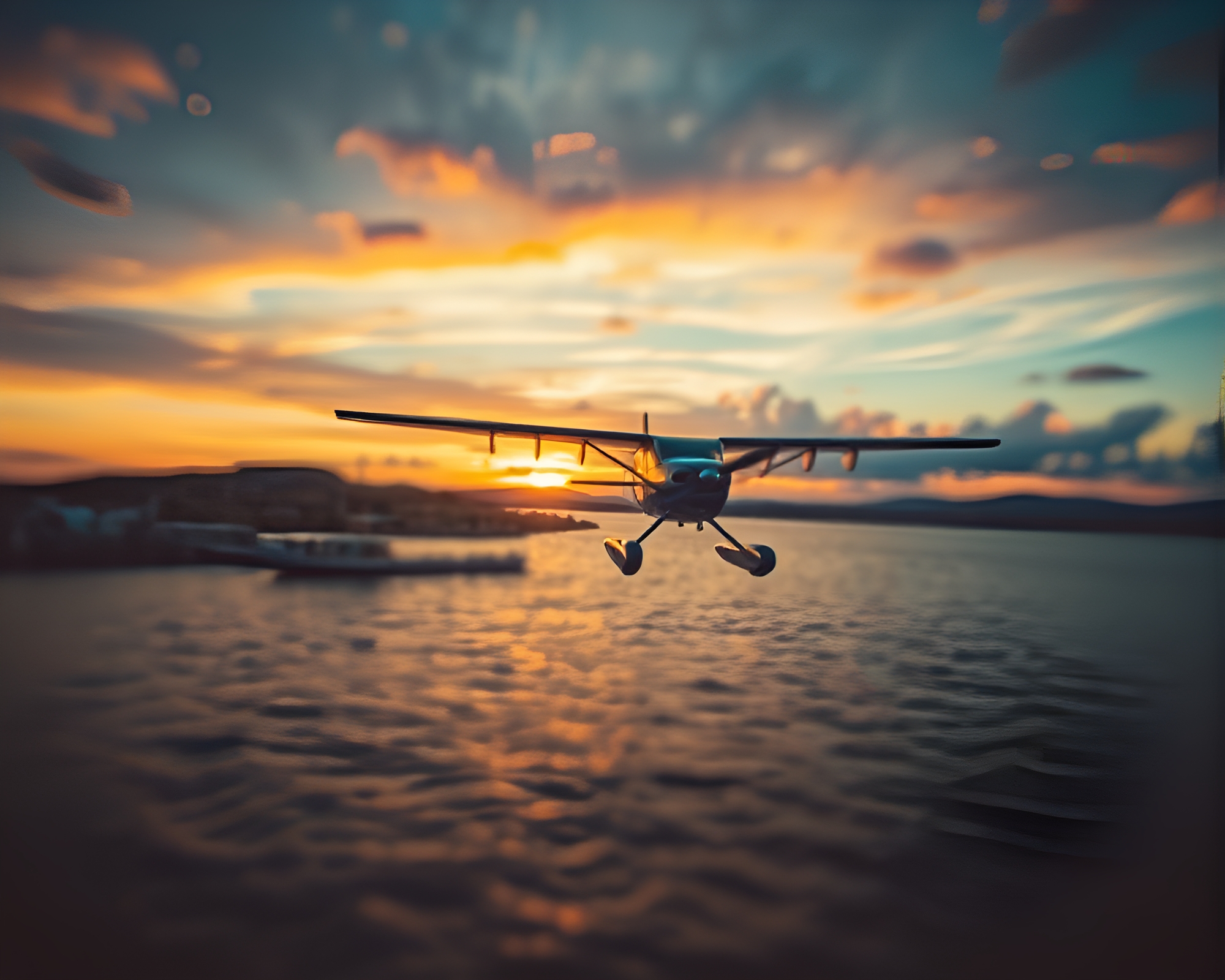 Sunset-dyed Sea Plane in Tilt-Shift Composition – free AI stock image