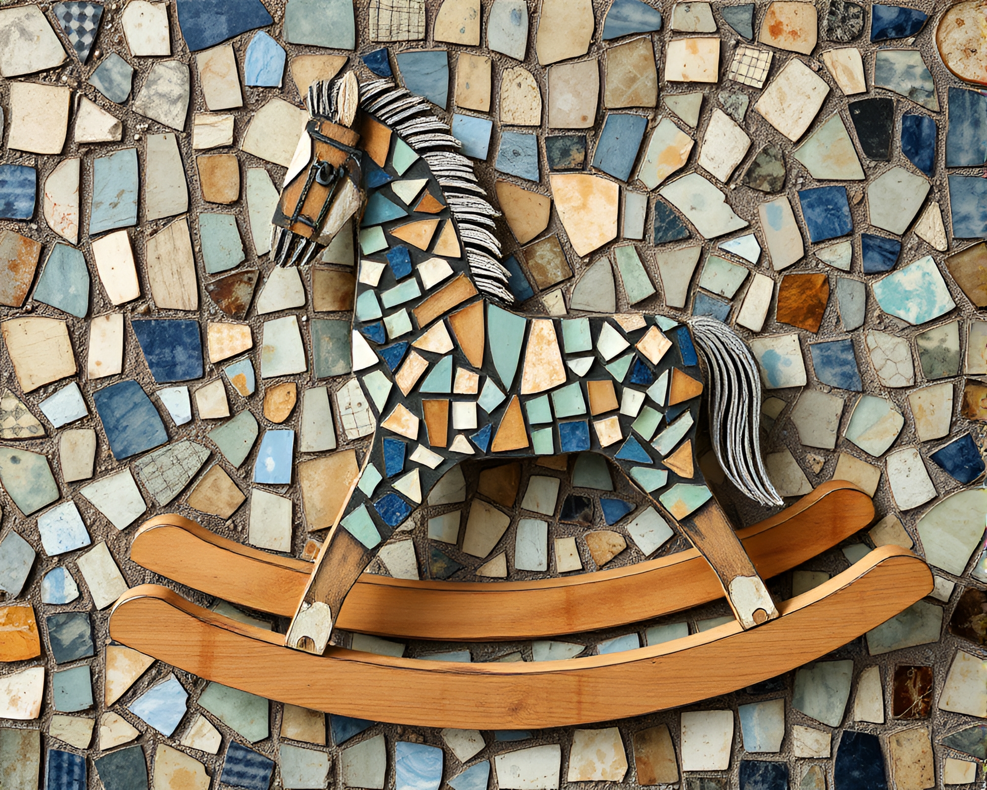 Wooden rocking horse in broken mosaic fragments – free AI stock image