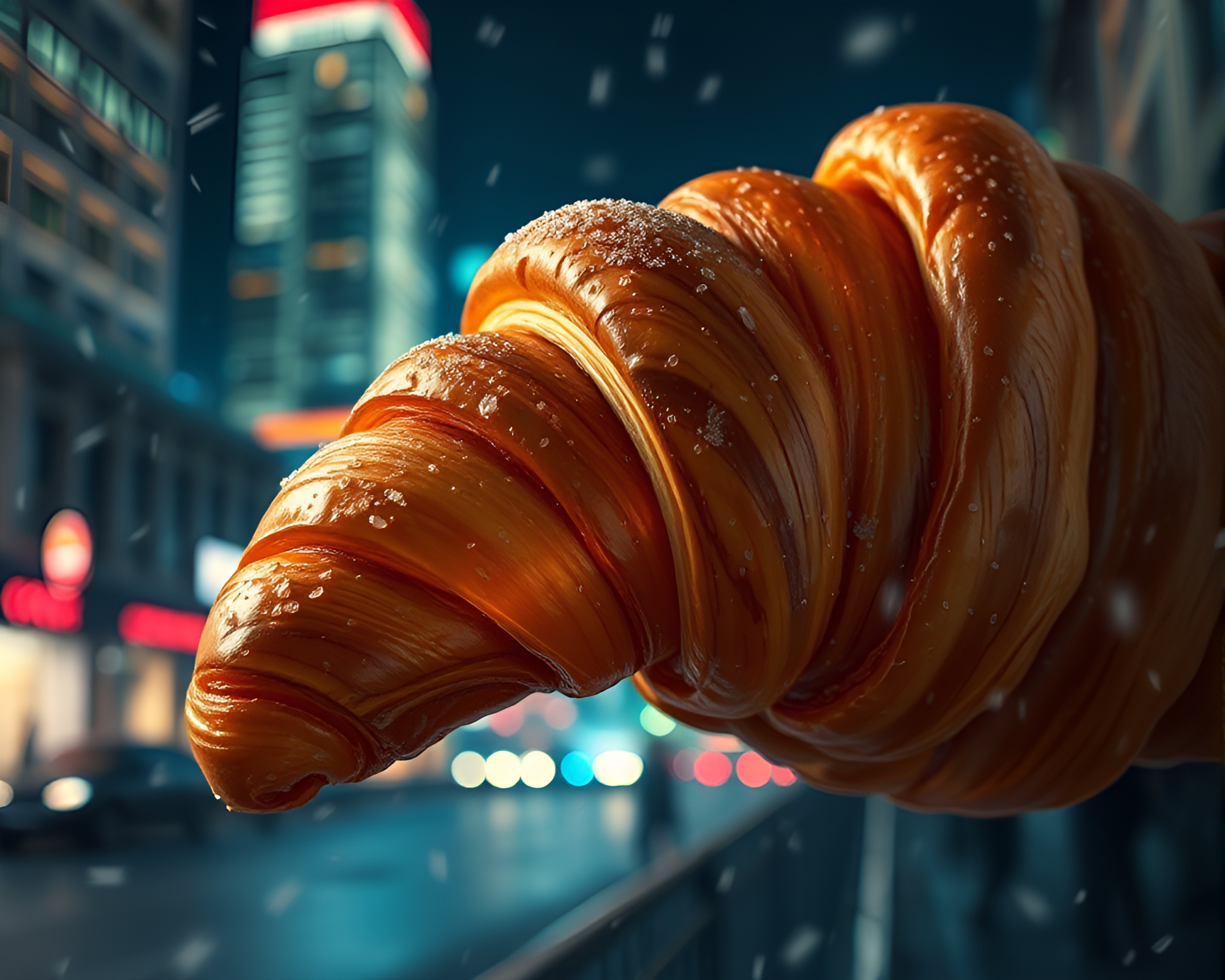 Fantasy Croissant Close-Up Among City Lights – free AI stock image