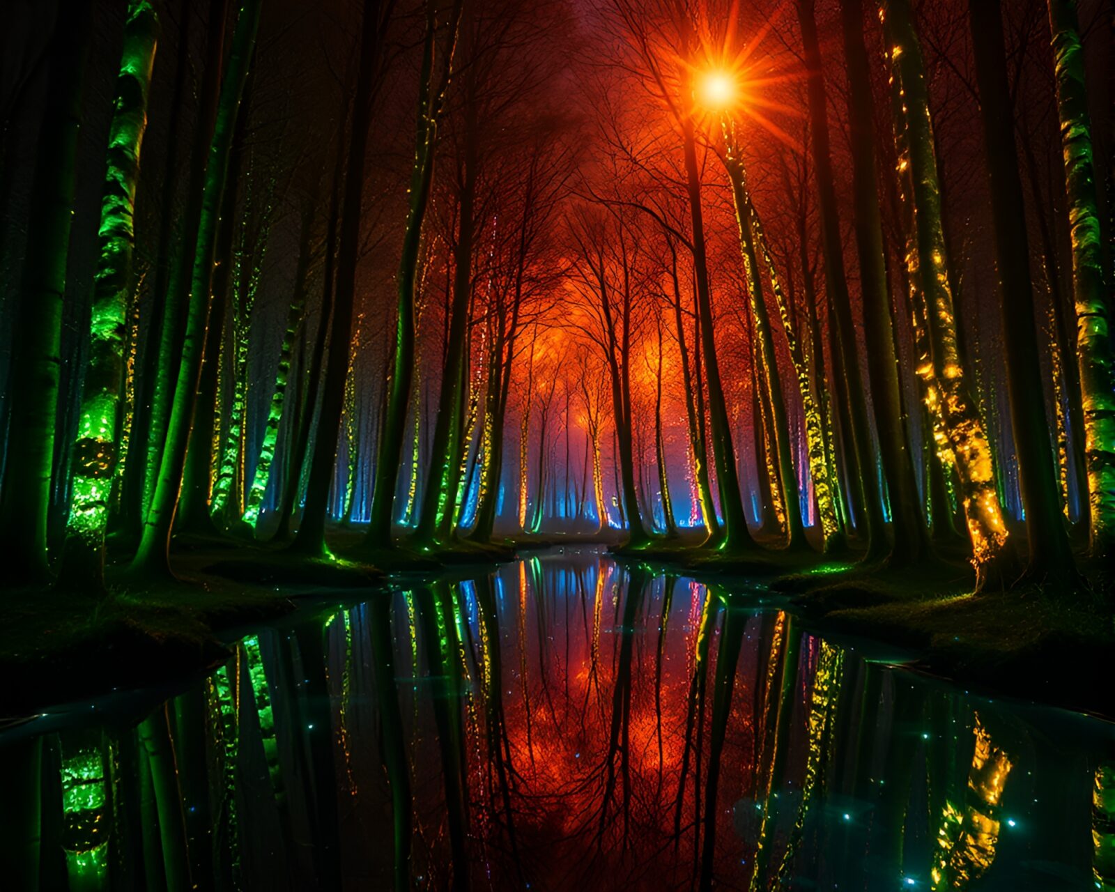 Mystical forest scene with bioluminescent colors reflecting twice