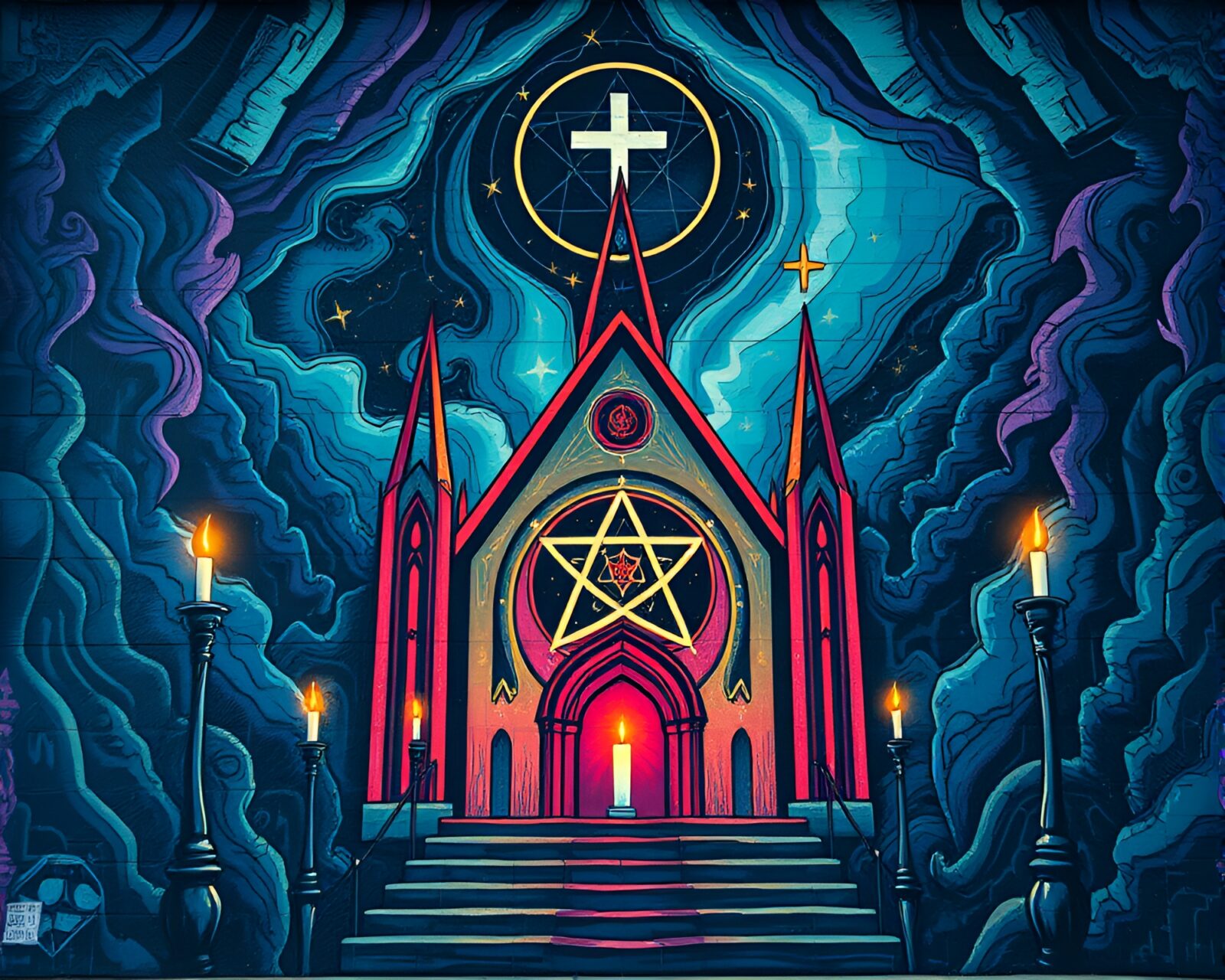 Glowing esoteric graffiti mural in church-like setting