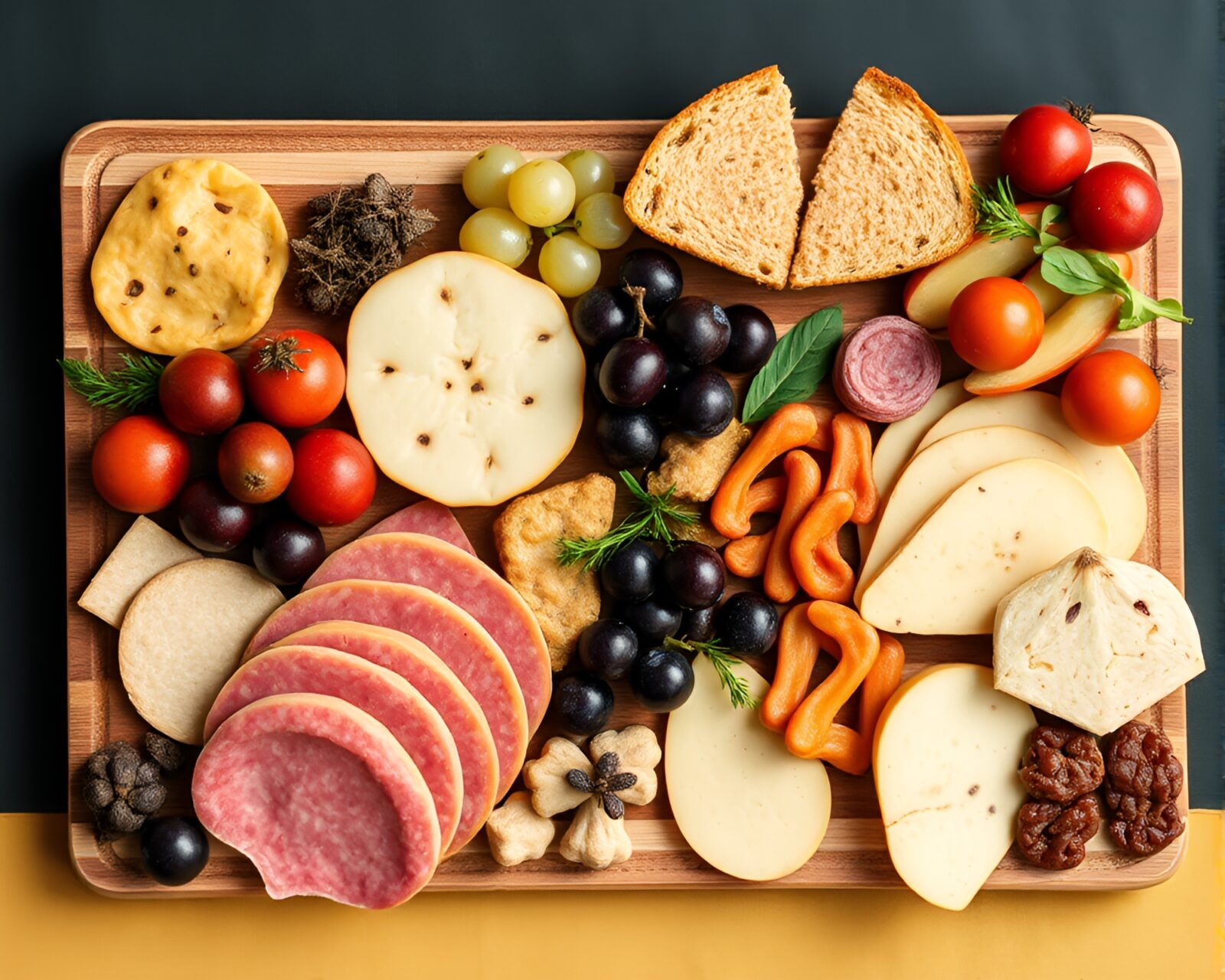 Vibrant utopian charcuterie board with intricate stitched design