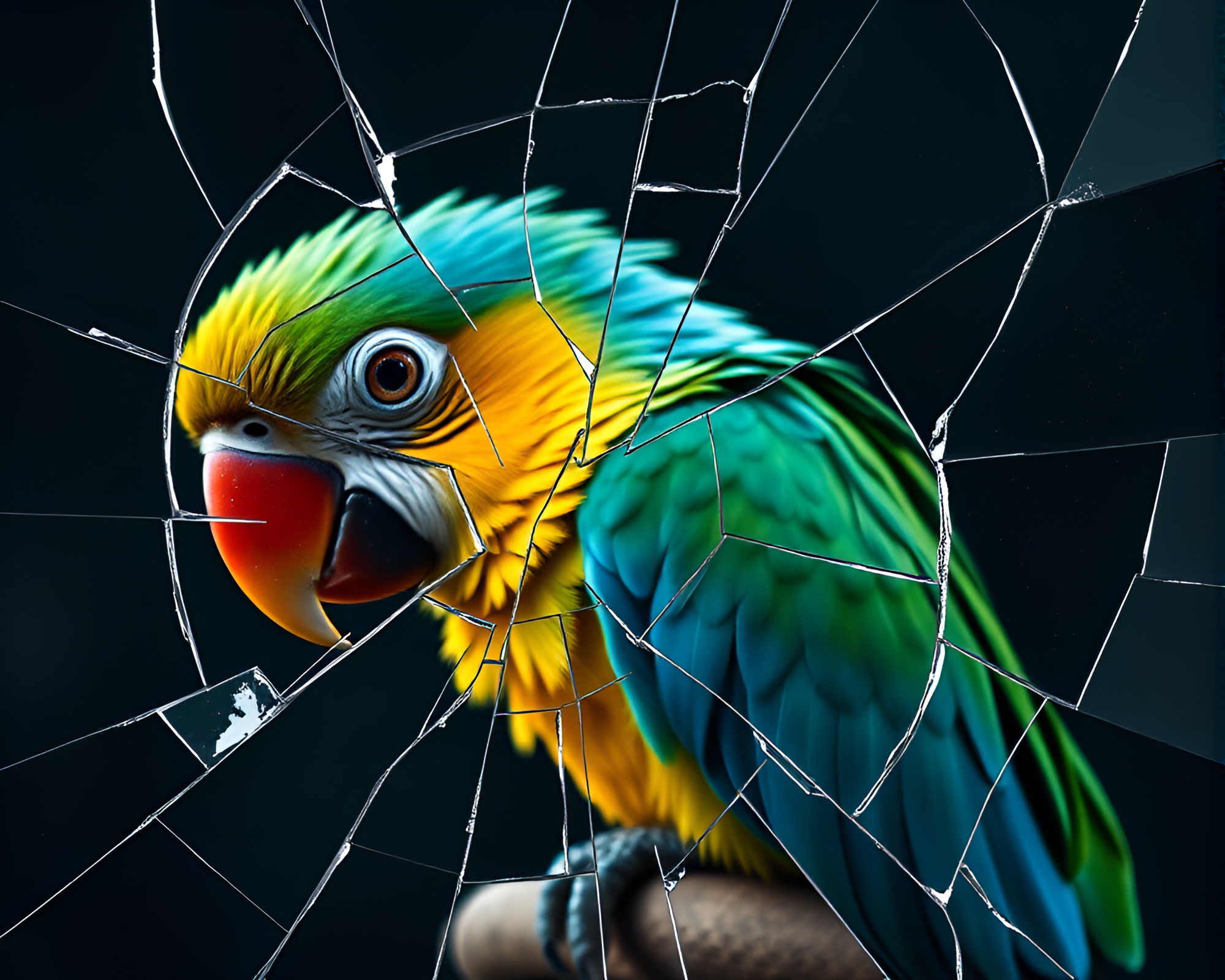 Tropical Parrot Reflection in Broken Glass Abstract Composition – free AI stock image