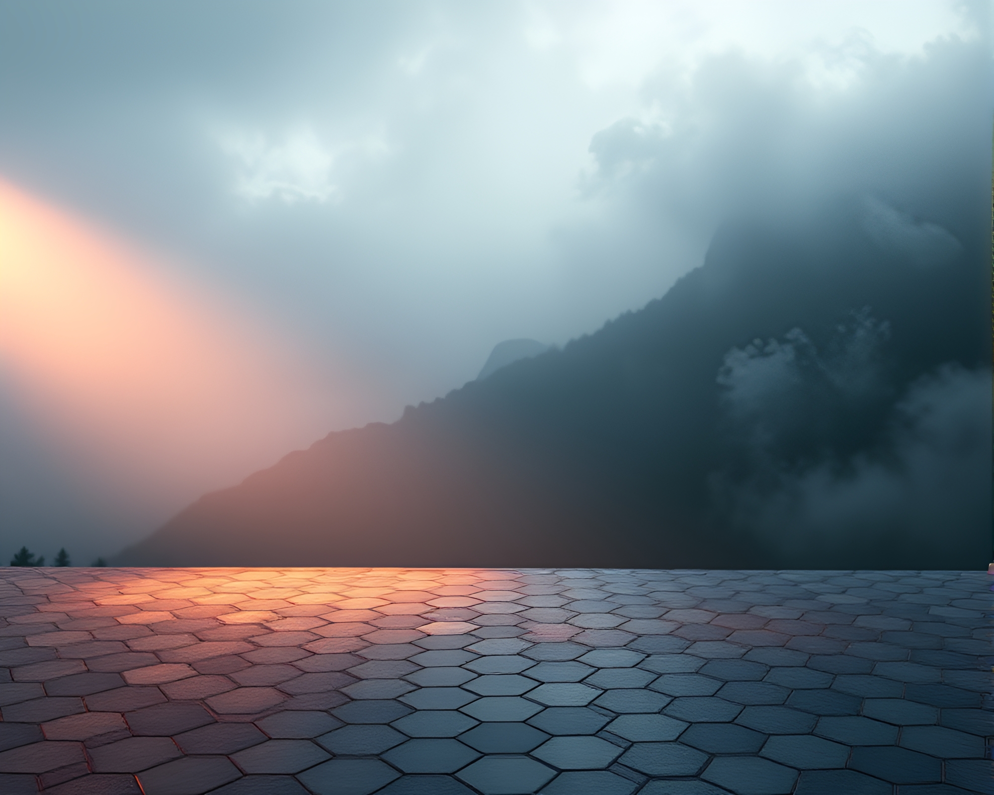 Ethereal Mist-Clad Peaks in Hexagonal Stage Illumination – free AI stock image