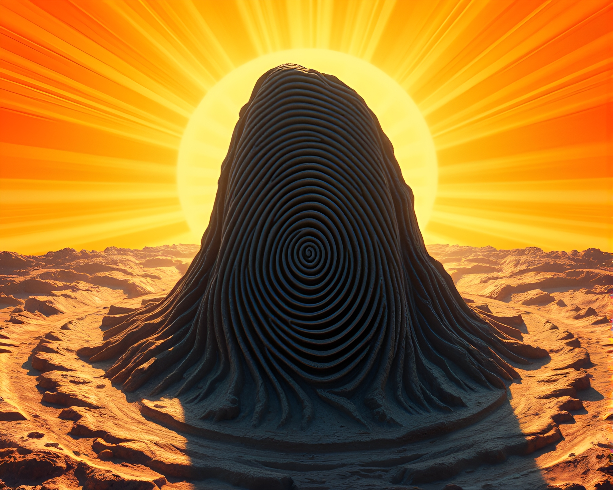 Monolith fingerprint swirl bathed in sunbeam rays – free AI stock image