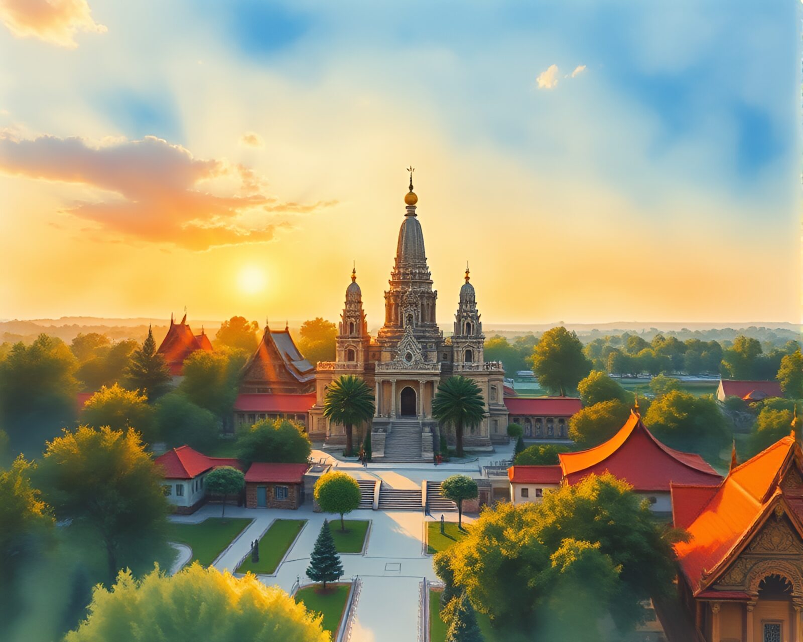 Watercolor painting of a temple surrounded by lush nature