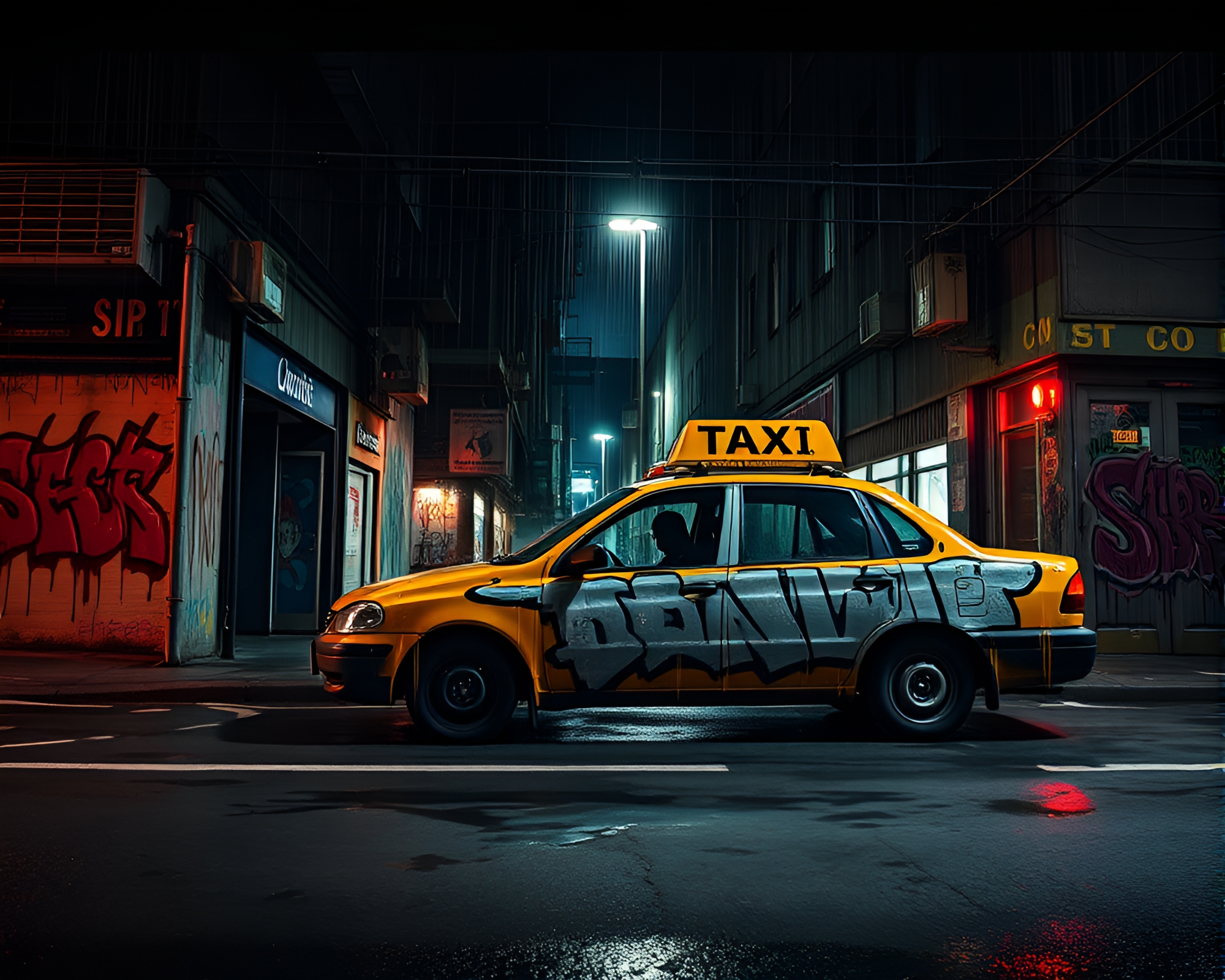 Gritty Hover Taxi Dungeon with Dripping Graffiti Art – free AI stock image
