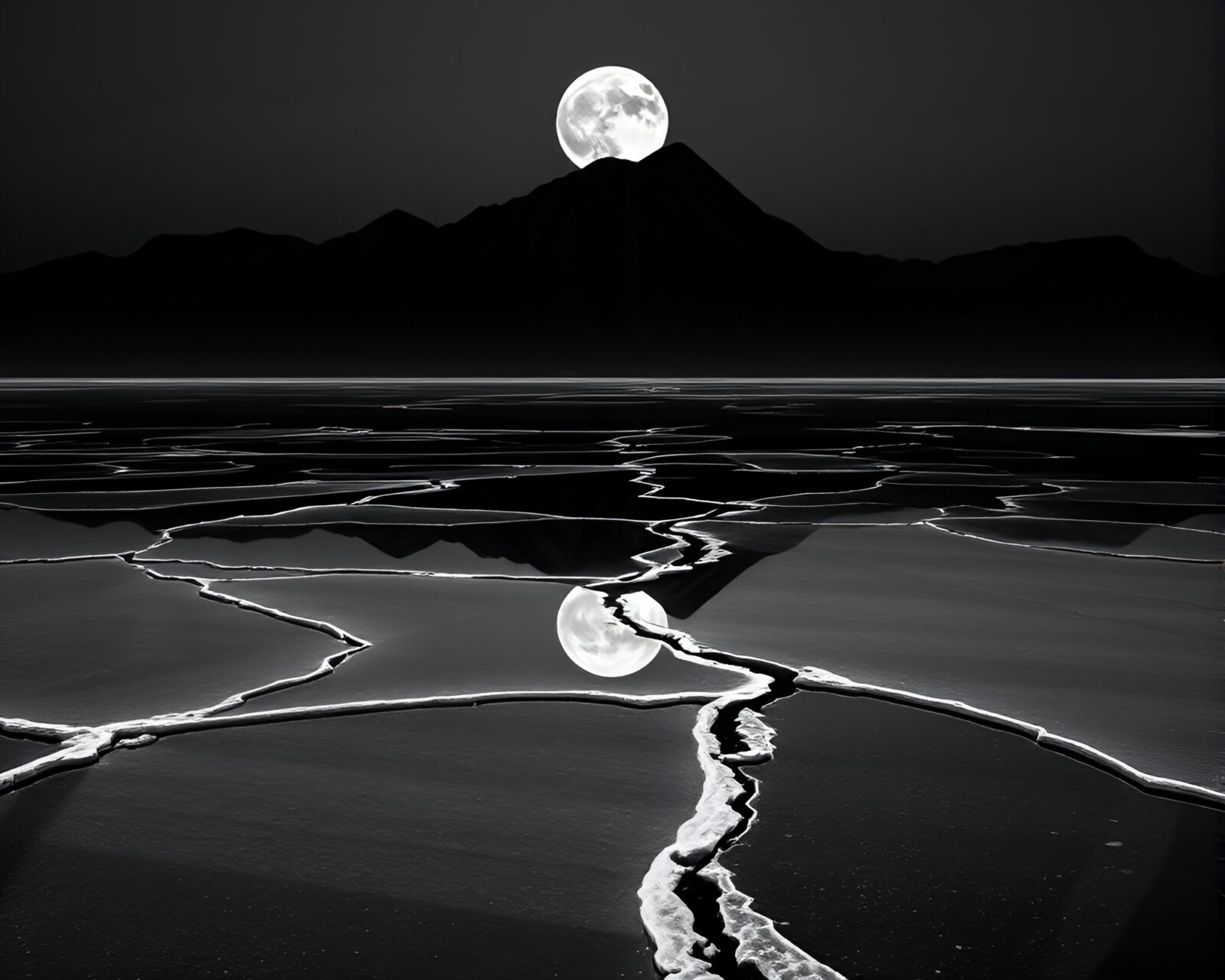 Origami-style icy beach crack under lunar lighting
