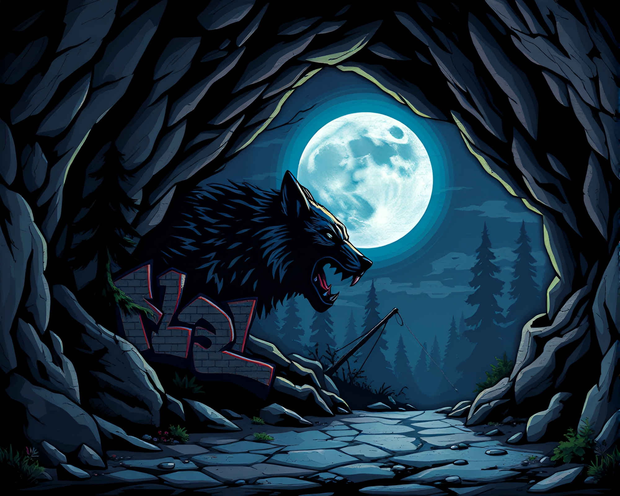 Moonlit Wolf in Cel-Shaded Graffiti Mural – free AI stock image