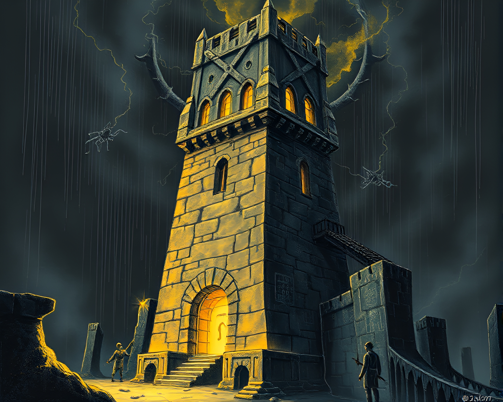 Tower of Chalk: Algorithmic Dungeon Torches Illuminating Scrawls – free AI stock image