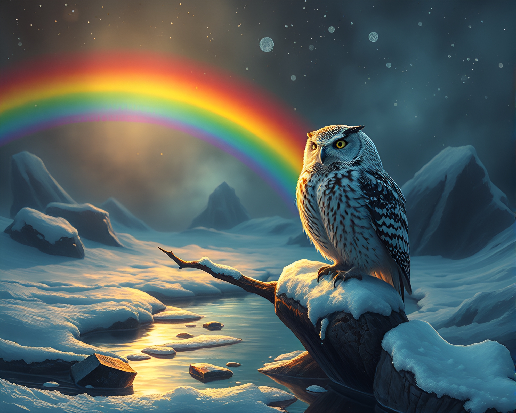 Oil Slick Rainbow Snowy Owl in Torchlight Vignette – free AI stock image