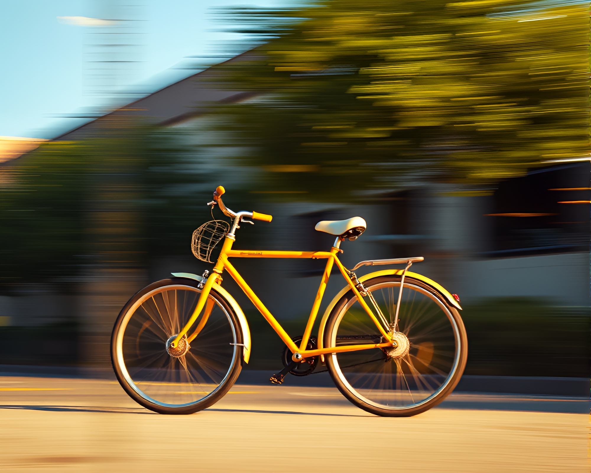 Voxel art bicycle in mustard yellow pan motion blur – free AI stock image