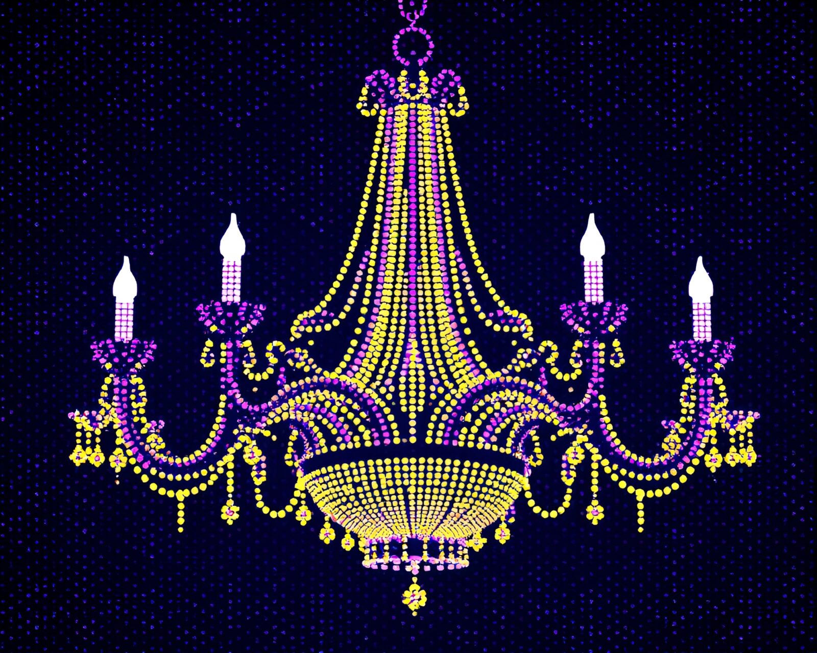 Ethereal lavender-lit room with intricate gothic chandelier and geometric abstract art