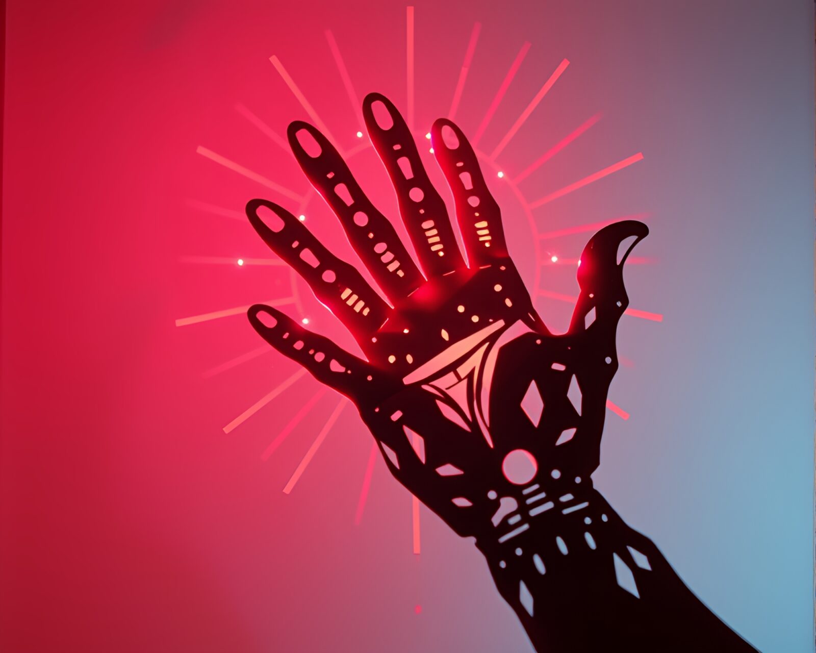 Abstract paper tears with glowing cybernetic hand reaching out