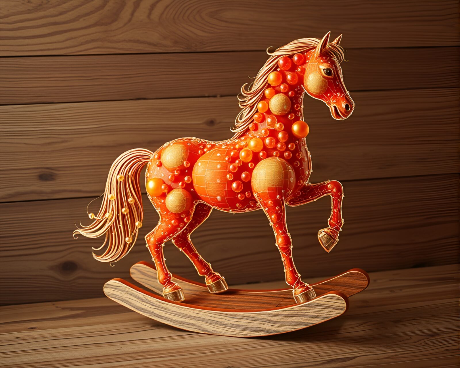 Earth-toned rocking horse surrounded by iridescent bubbles in forest setting