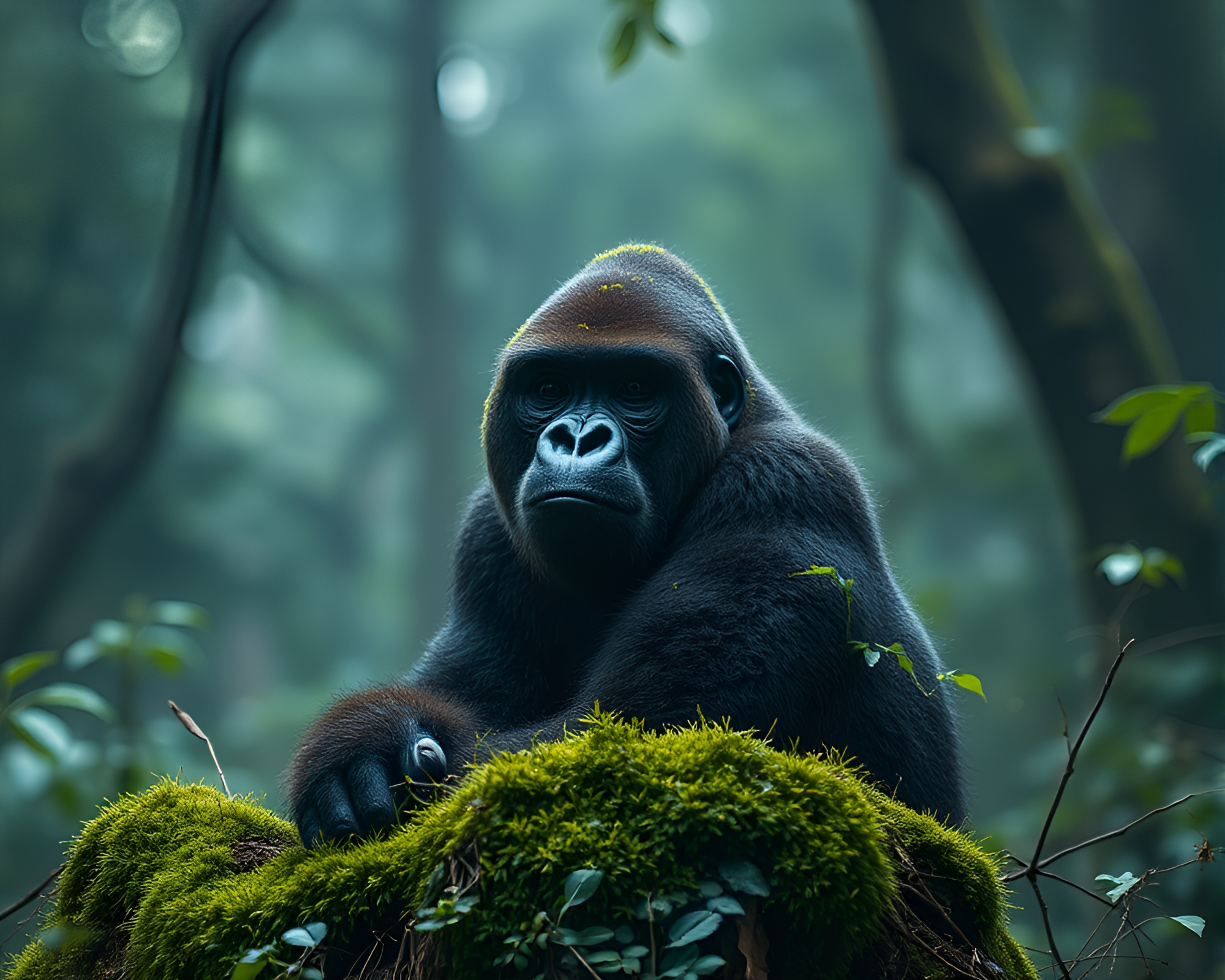 Moss-Covered Gorilla in Sapphire Light Cinemagraph – free AI stock image