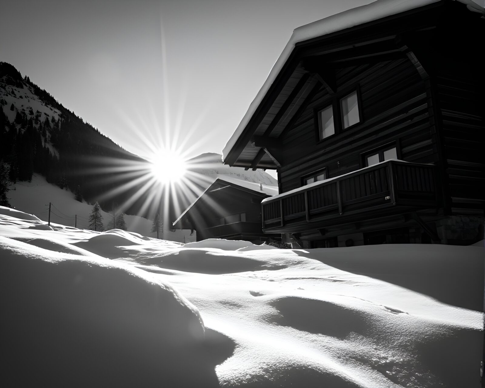 Monochrome image of an alpine chalet illuminated by torchlight against sun glares
