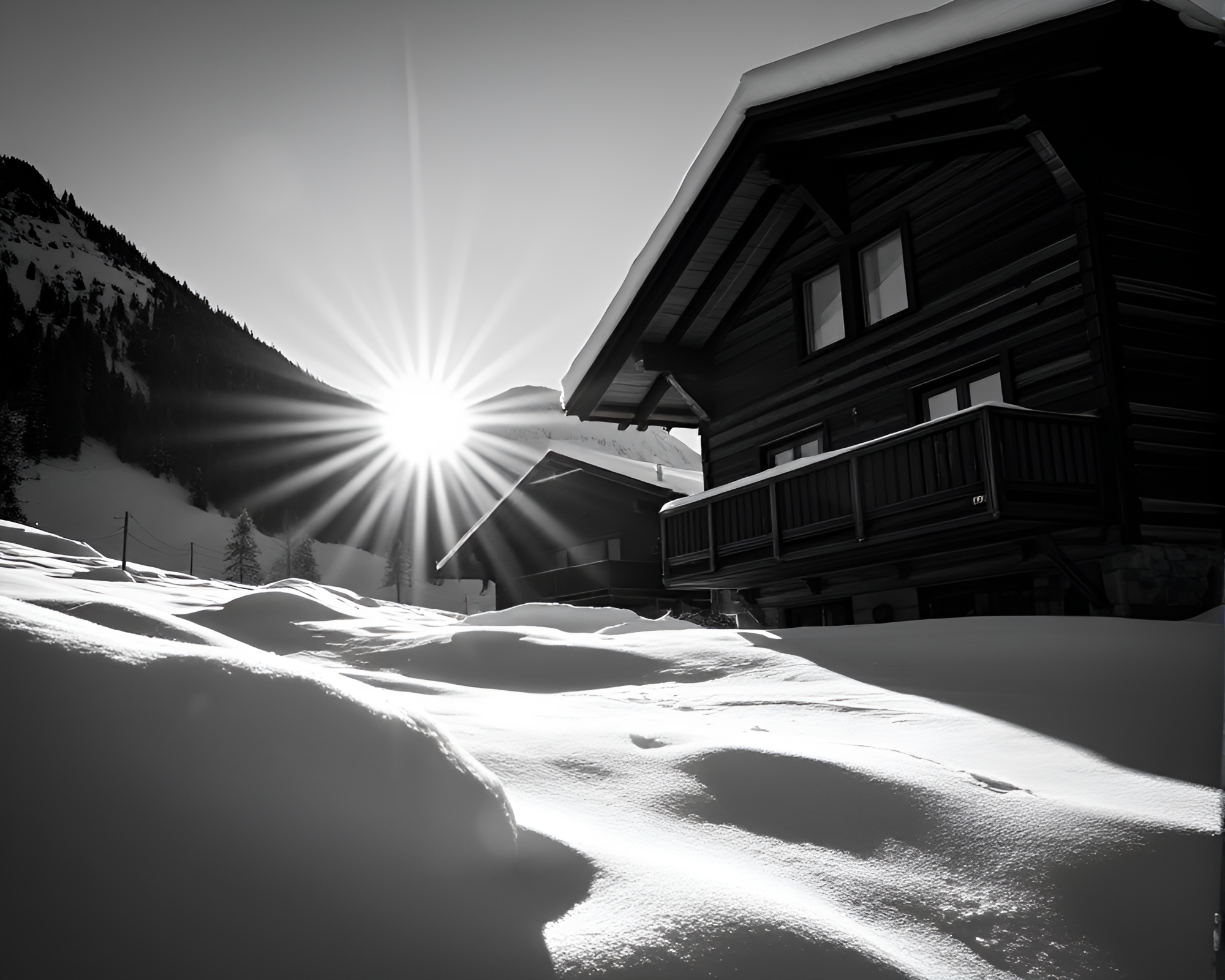 Alpine Chalet in Torchlight Glow Under Sun Glare – free AI stock image