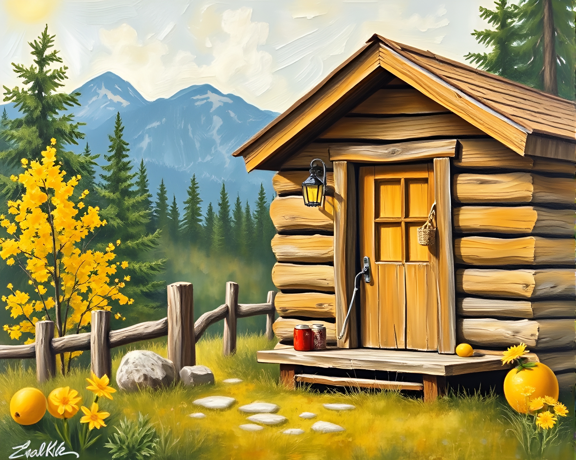 Rustic Cabin Sunset Vignette Painting – free AI stock image