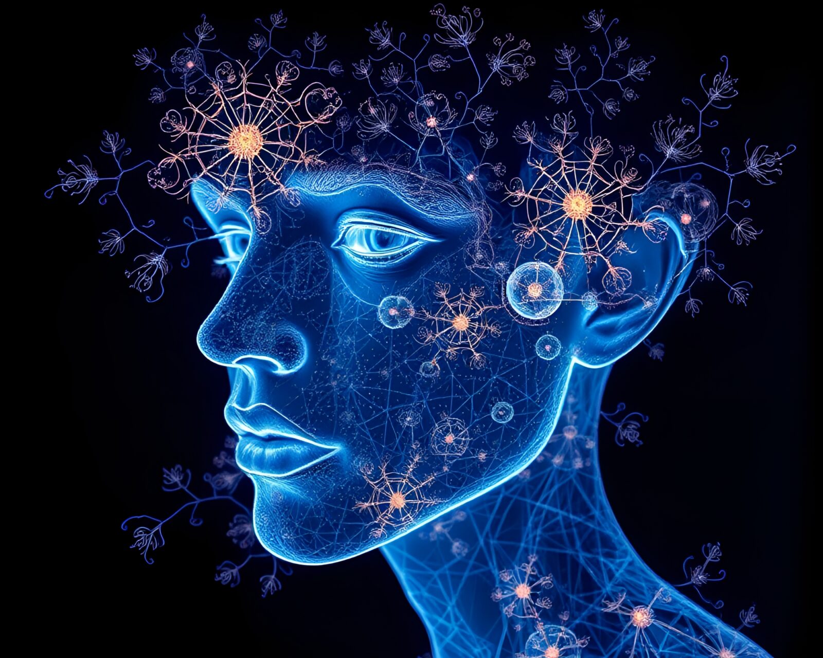 A futuristic etching of a scientist using a vibrant 3D bio-printer