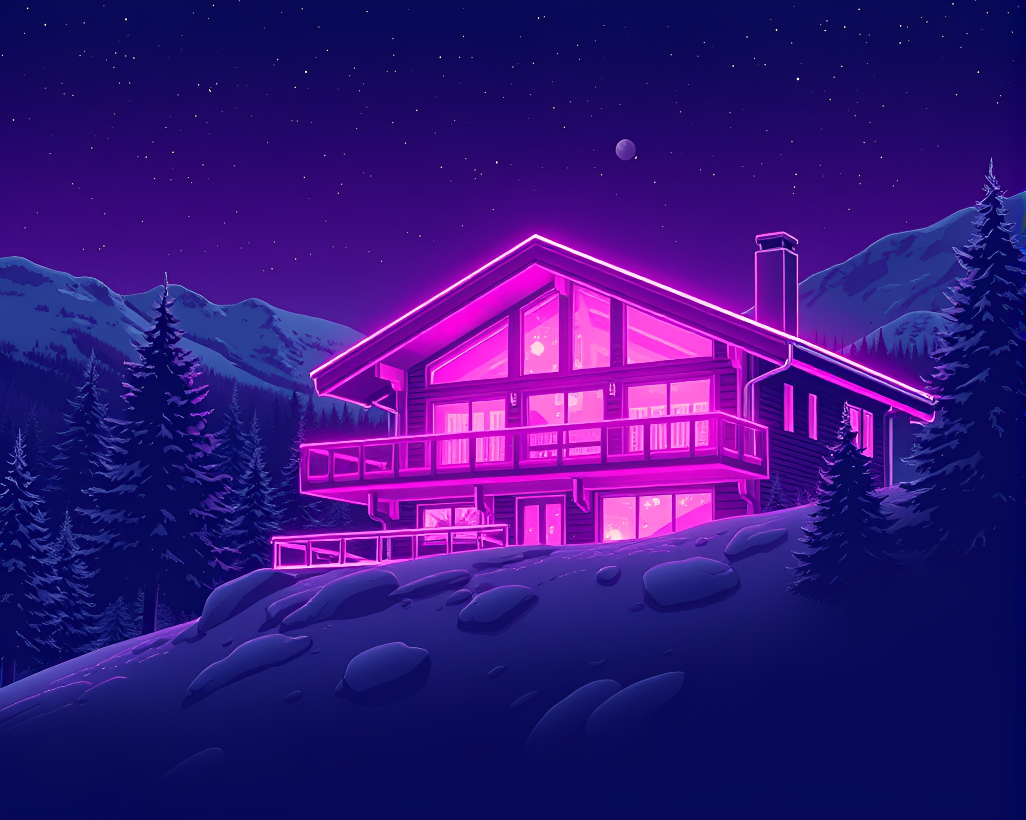 Magenta Punch Alpine Chalet in Scan Line Frame – free AI stock image