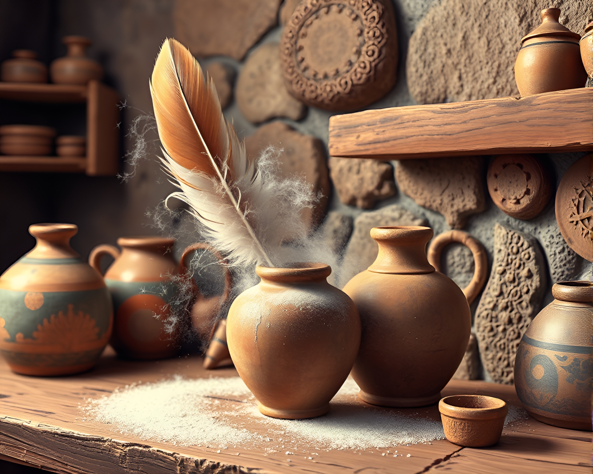 Rustic Pottery Workshop: Feather Dusting Fantasy – free AI stock image