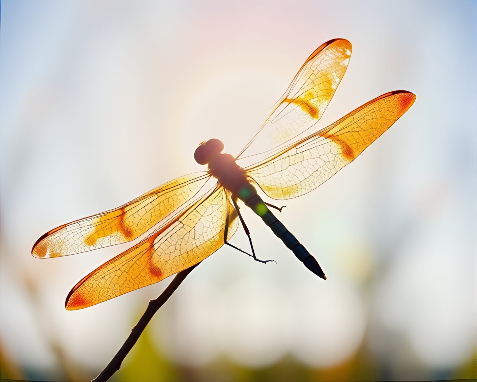Dragonfly bathed in bright sun glares acrylic art
