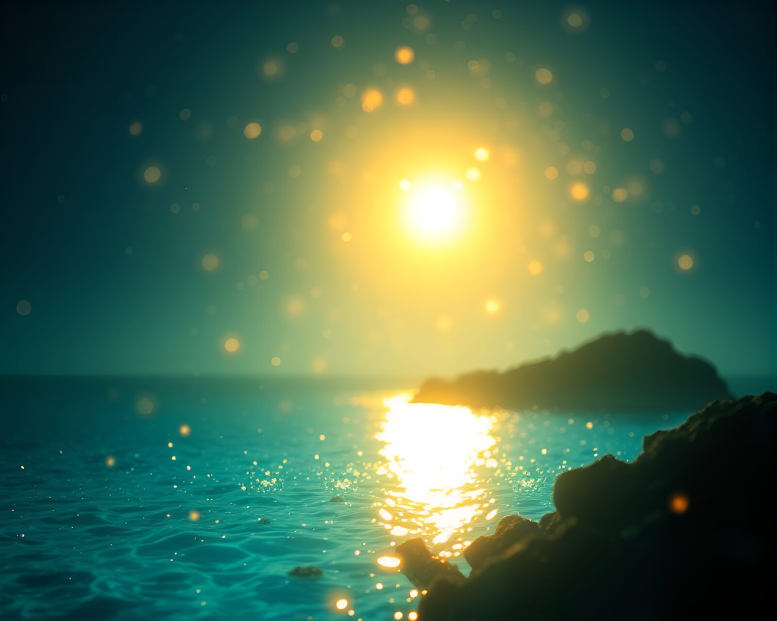 Calm ocean scene with ASCII coral and twinkling lights