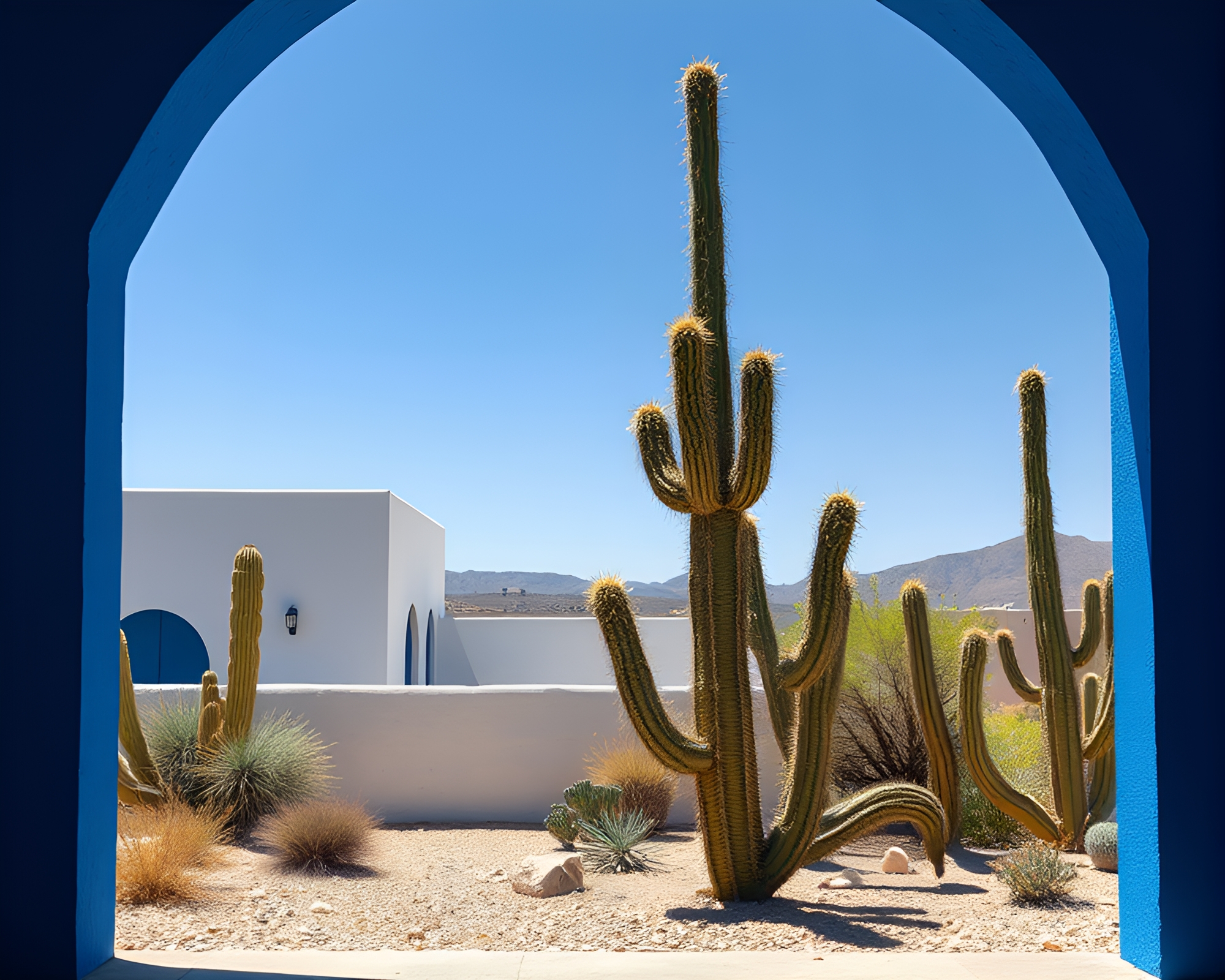 Desert Cactus Framed by Cobalt Blue Architectural Arch – free AI stock image