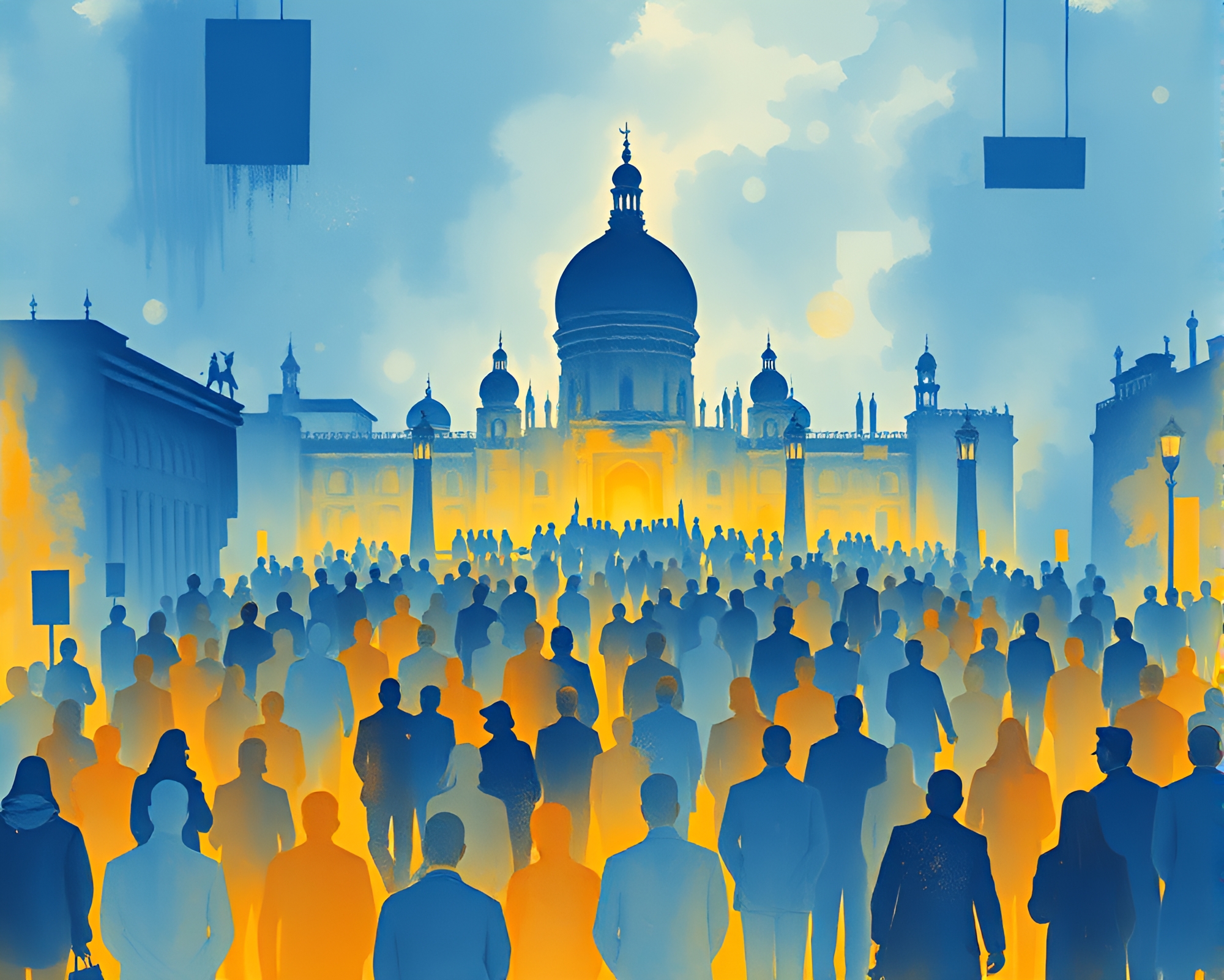 Surreal Mind Palace Crowd Silhouette in Cobalt Blue – free AI stock image