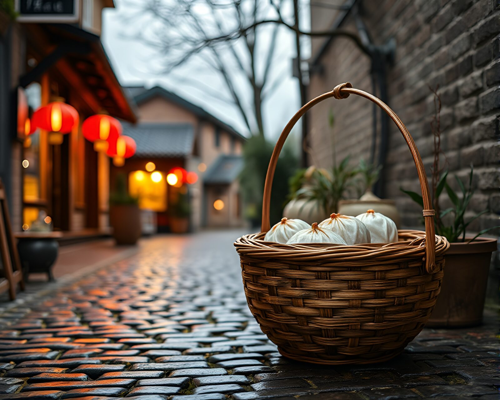 Tranquil scene with cobblestone path and basket of dim sum in matte finish style cinemagraph