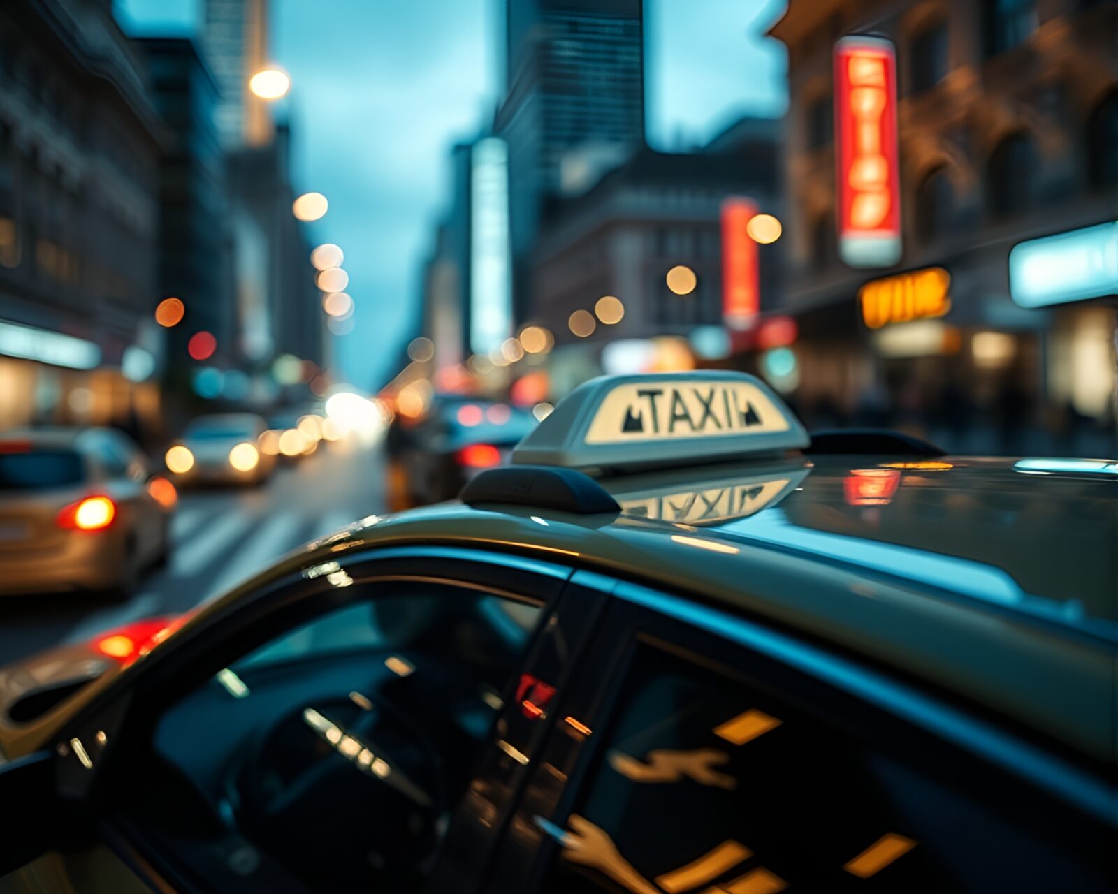 Blurred taxi passing by a statue in unique palette