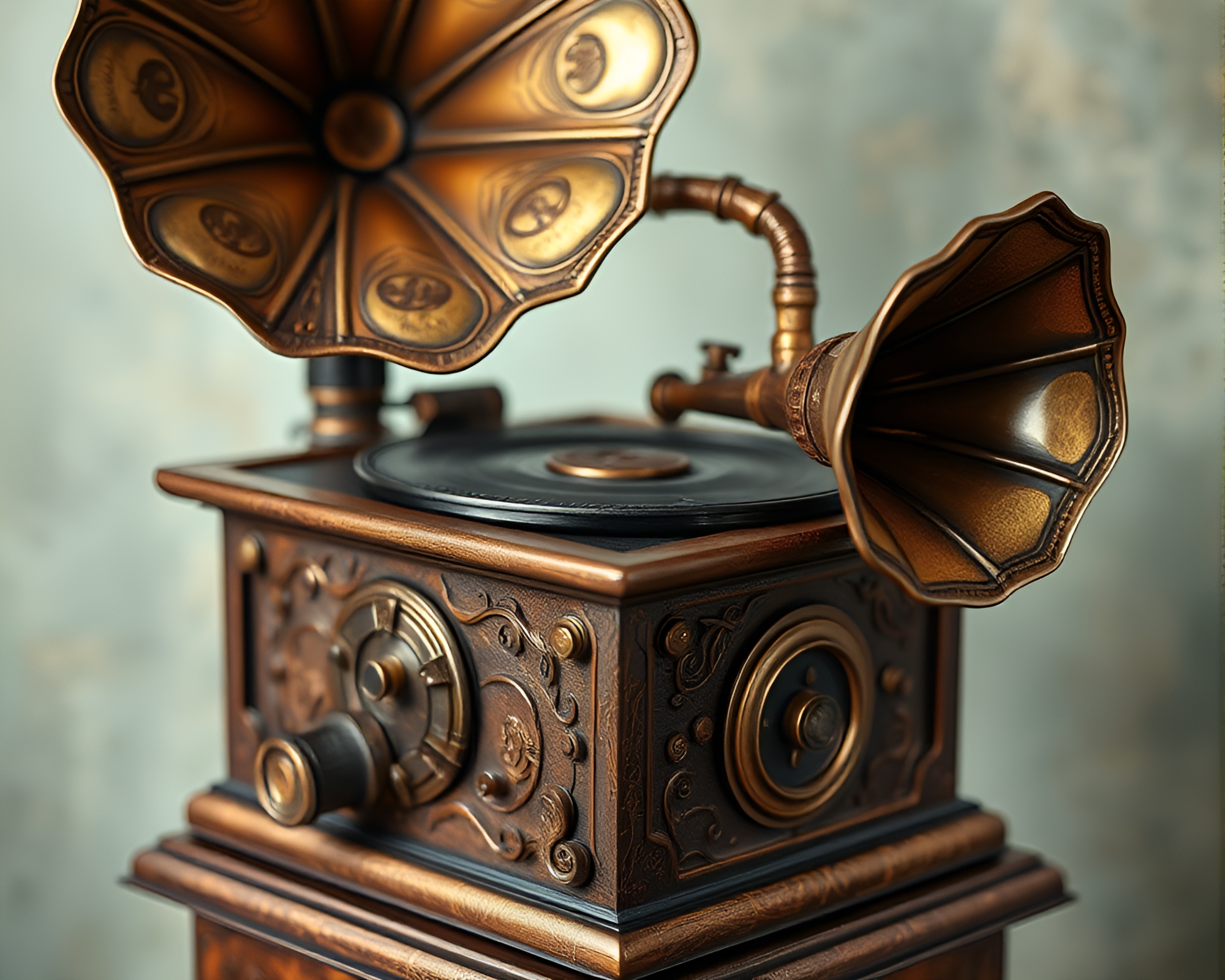 Steampunk Gramophone with Embroidered Detail in Surrealist Style – free AI stock image
