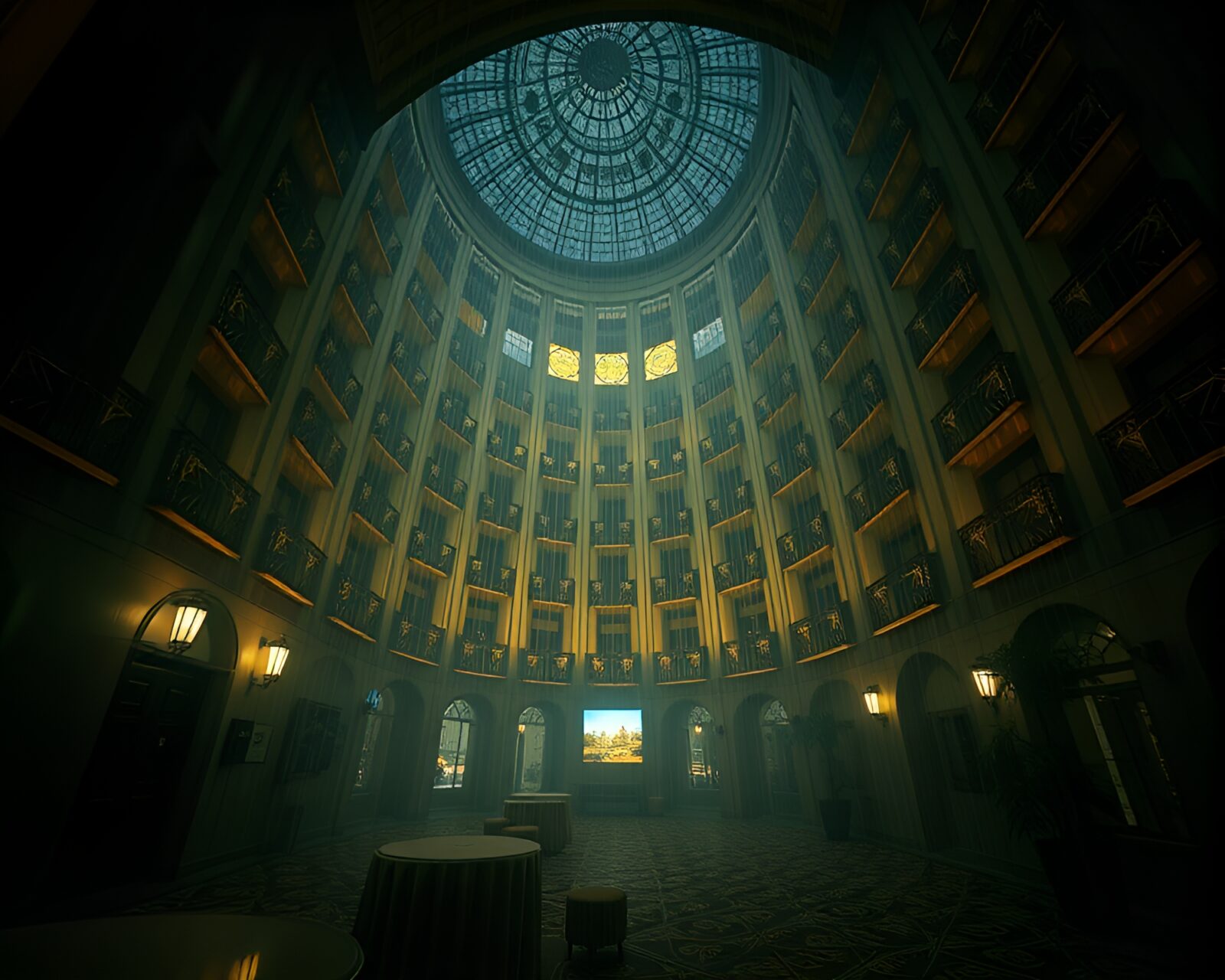 Misty air surrounds a futuristic Art Deco hotel in motion