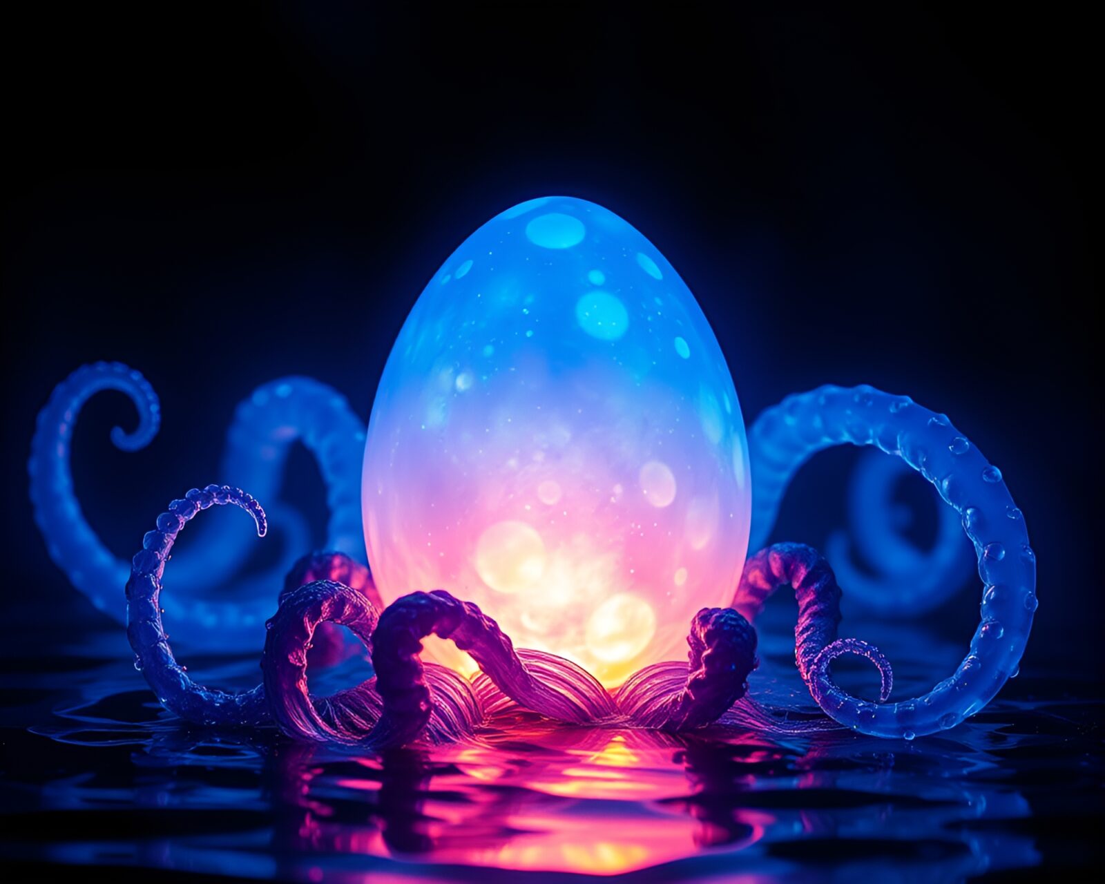 Majestic Kraken glowing in the depths with lens reflections