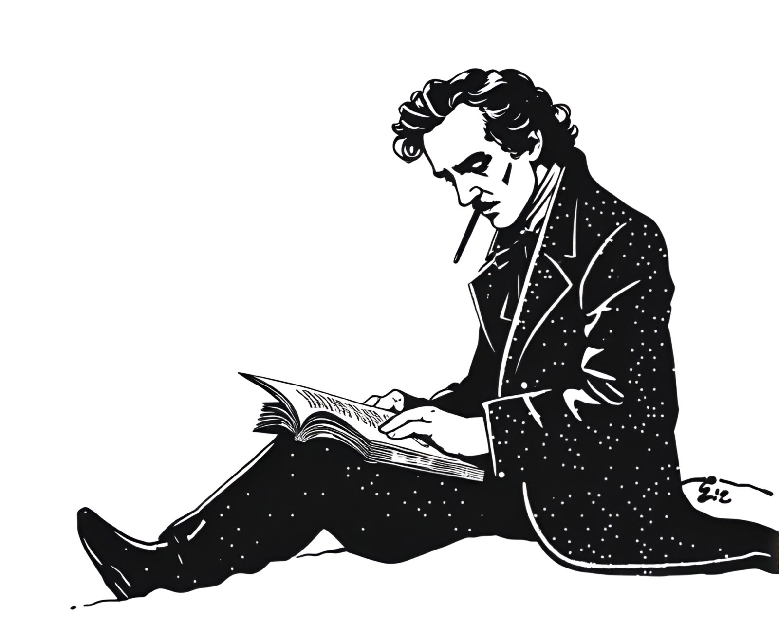 Fashion illustration of Poe book in blizzard-like conditions