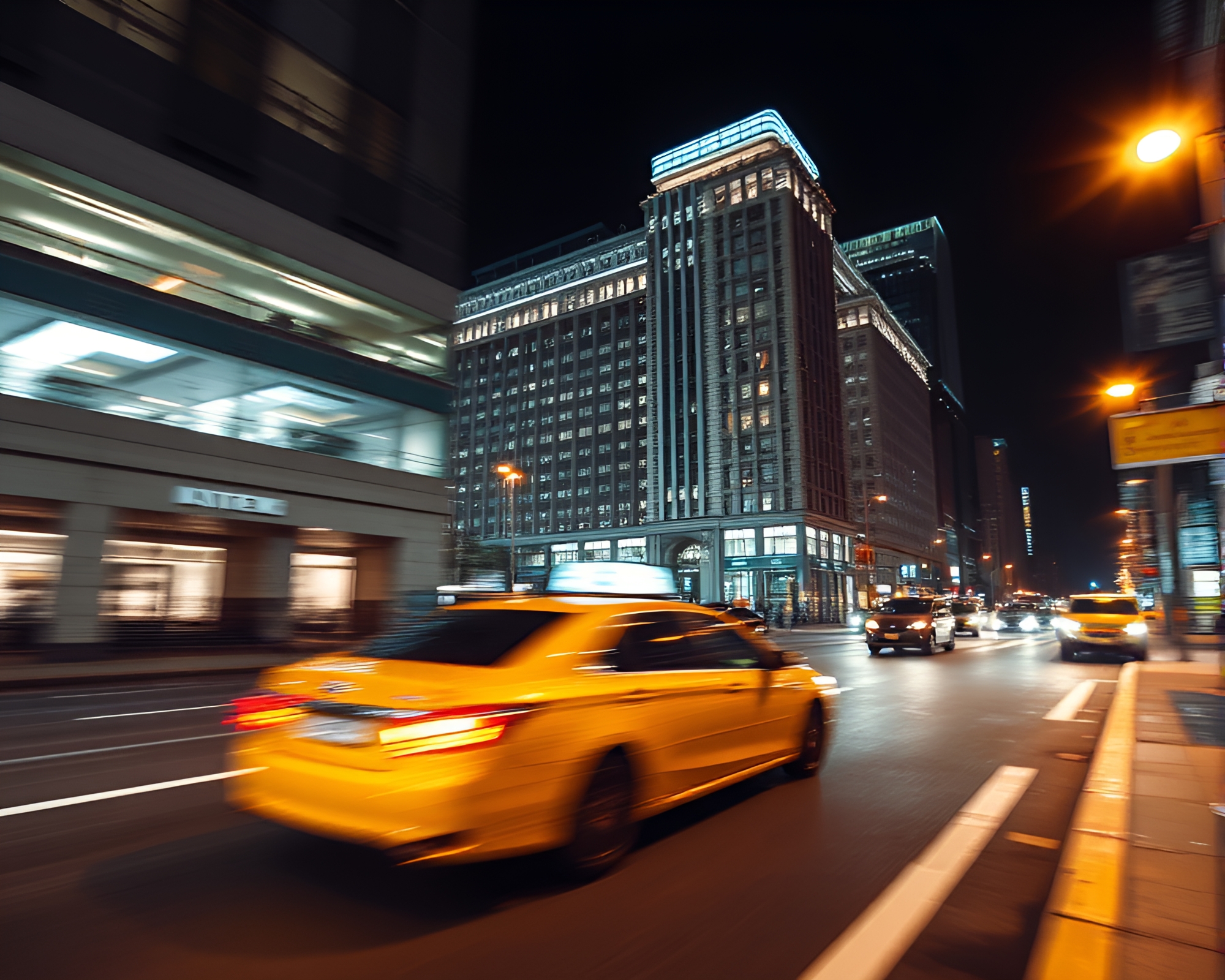 Brutalist Building at Dusk: Taxi Streaks – free AI stock image