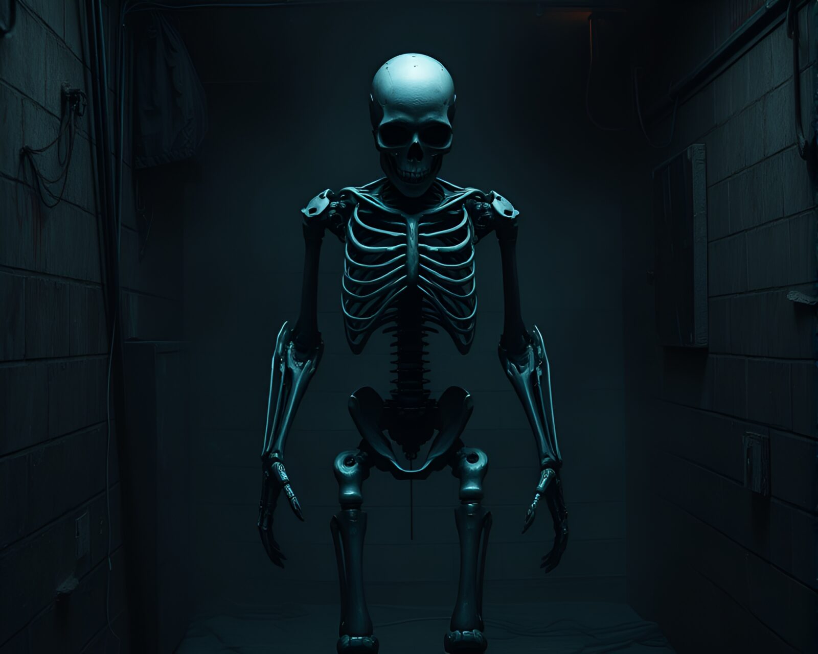 An intricate, biomechanical exoskeleton suit in a dark basement