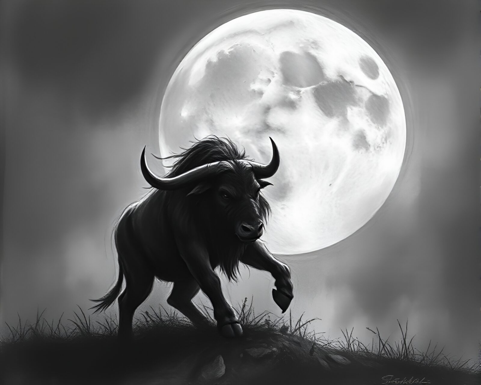 Enigmatic Minotaur in grayscale with lunar lighting