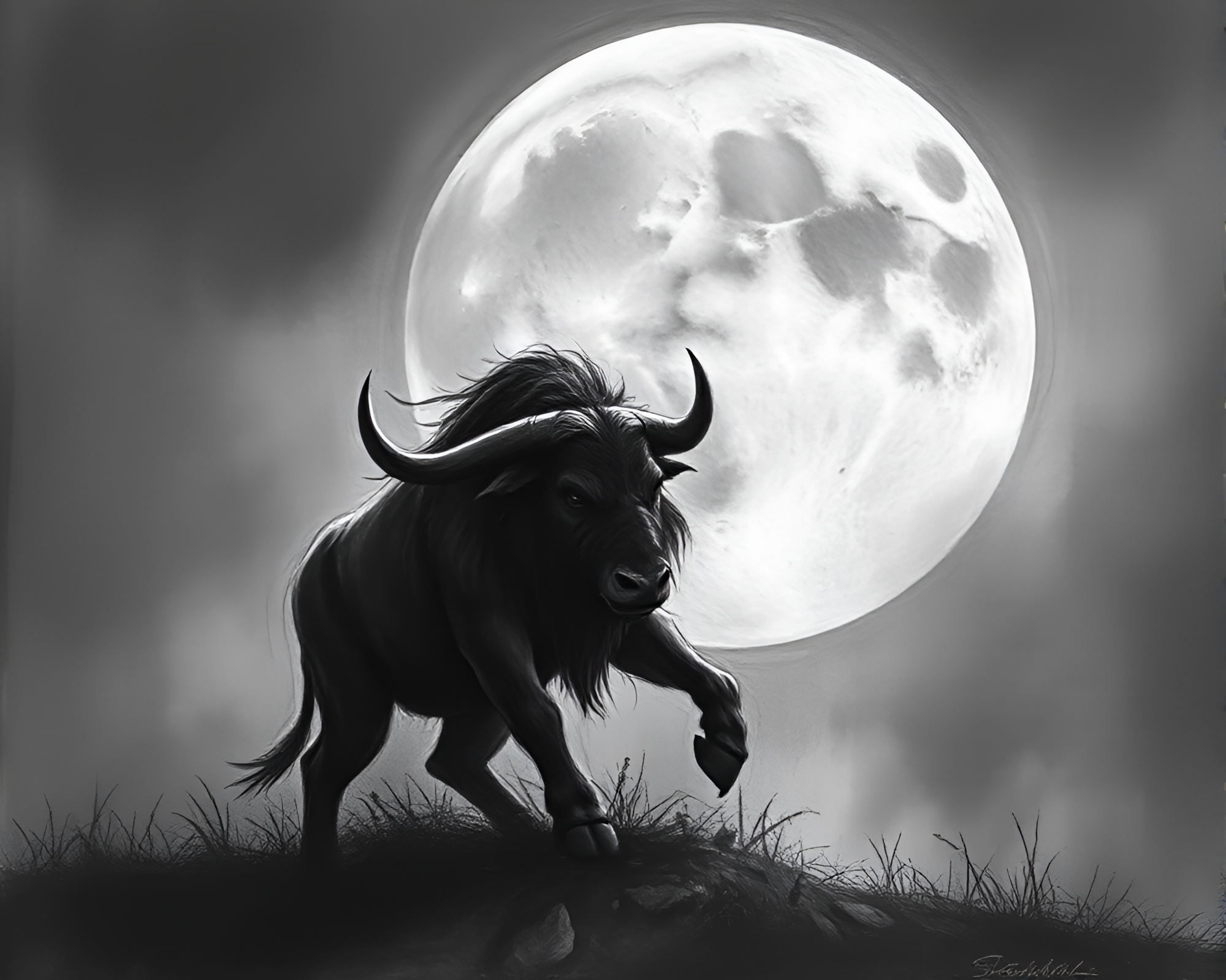 Majestic Minotaur in Lunar Charcoal Sketch – free AI stock image