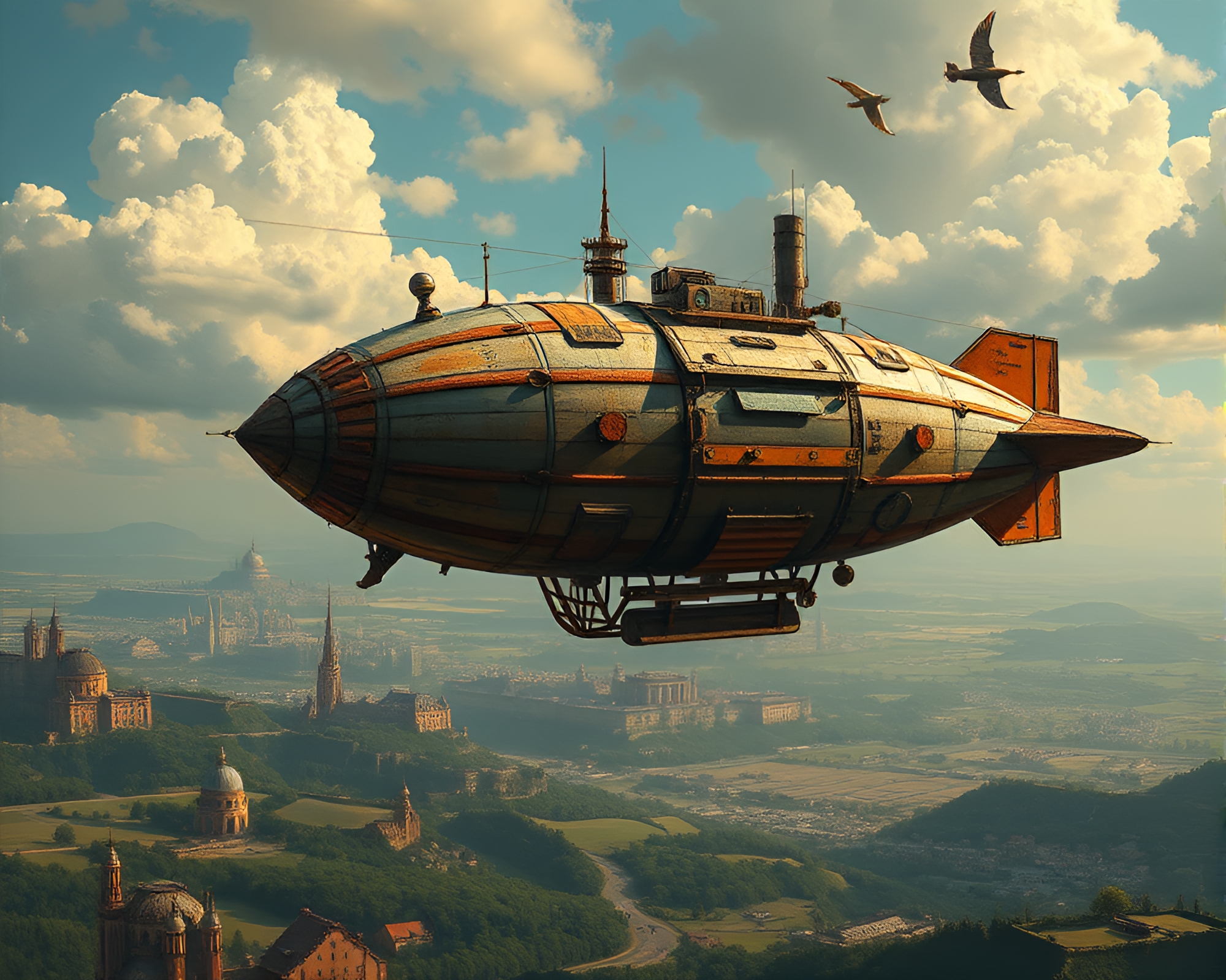 Cubist Steampunk Airship Panorama – free AI stock image