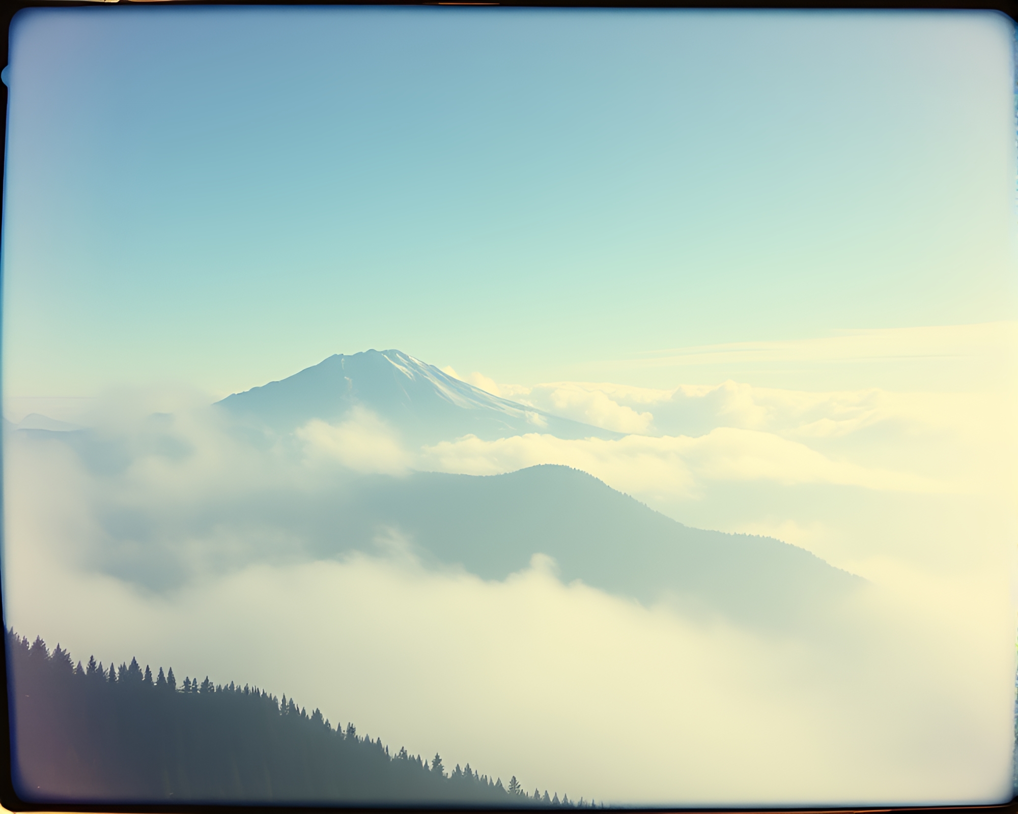 Mist-Shrouded Mountain Wonderland in Vintage Polaroid Style – free AI stock image